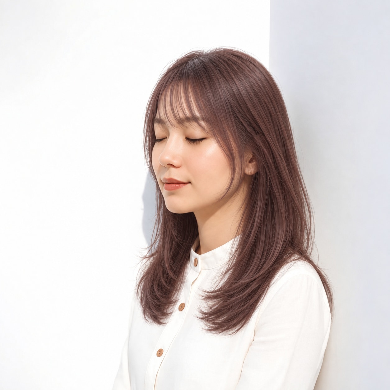 7. ロングレイヤー × 前髪あり × シースルーバング：額にすき間ができ、レイヤーの軽さが顔まわりまで続きます
