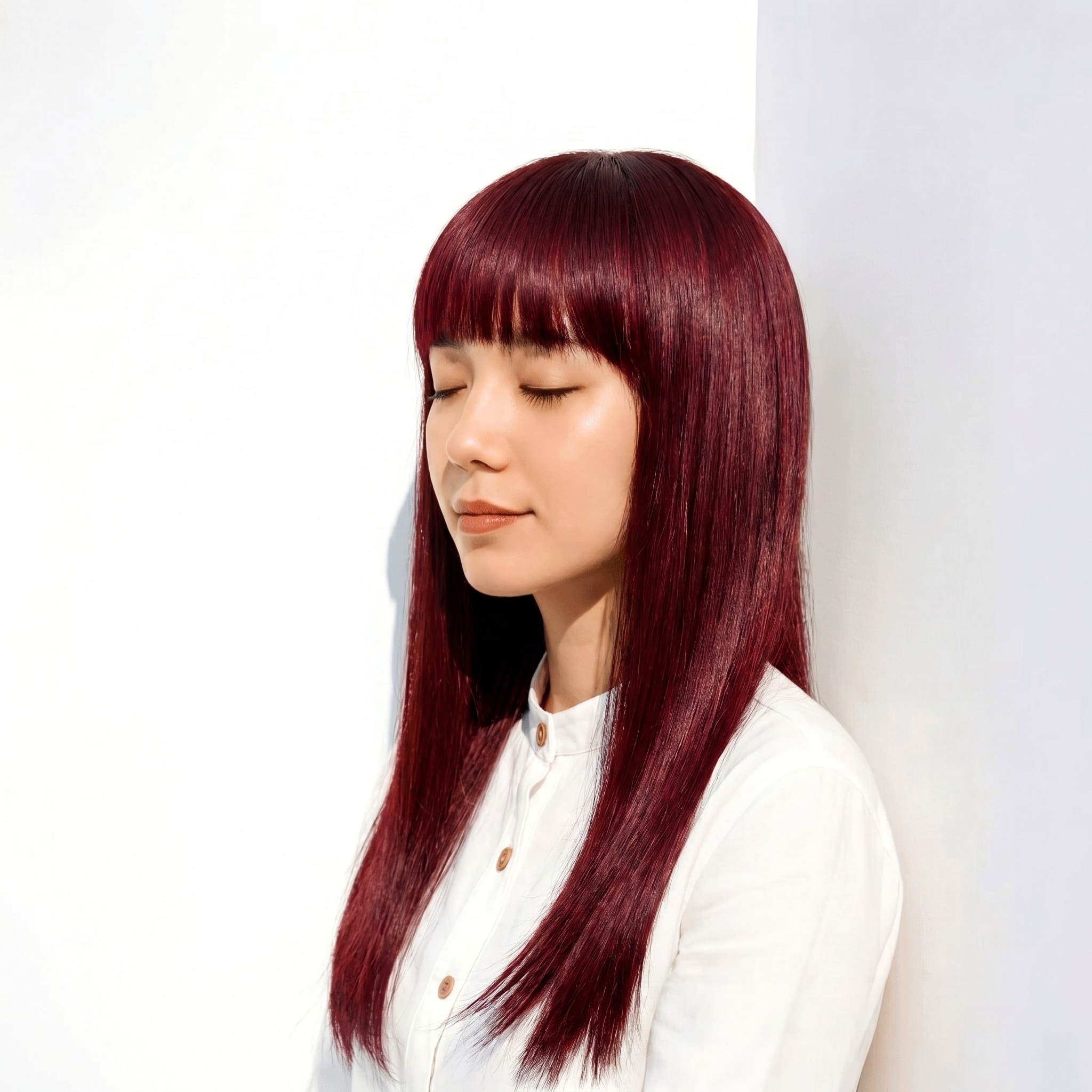 7. ローズブラウン×ロングストレート: 深みのある色でツヤと立体感を演出