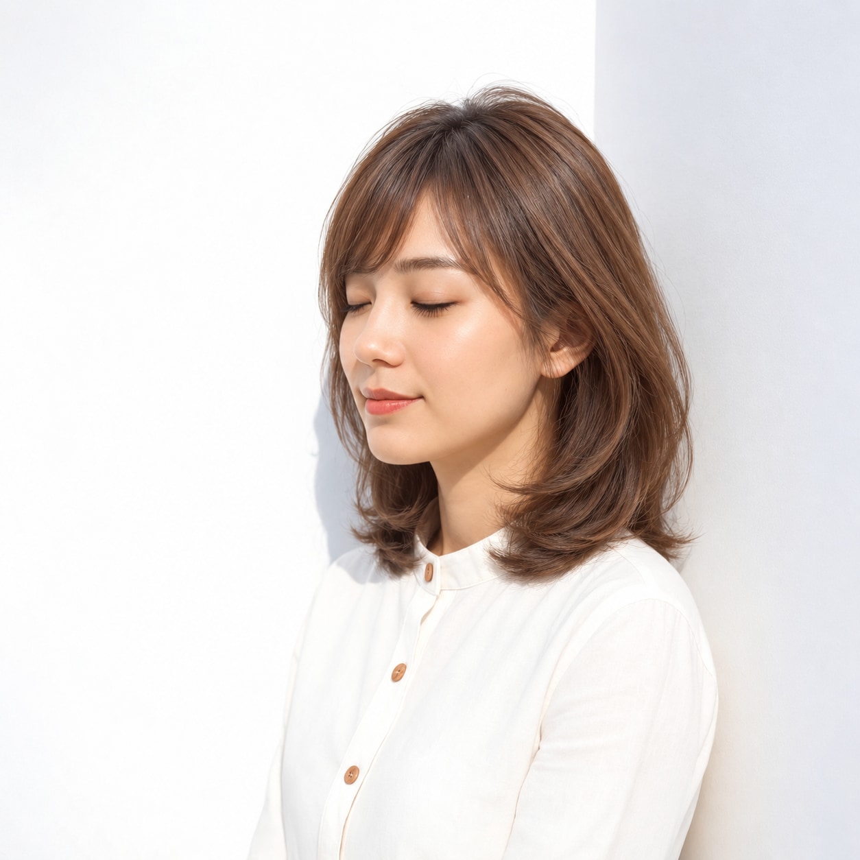 7. ワンカールミディアム × ライトブラウン：ふっくらした毛先に心が弾む