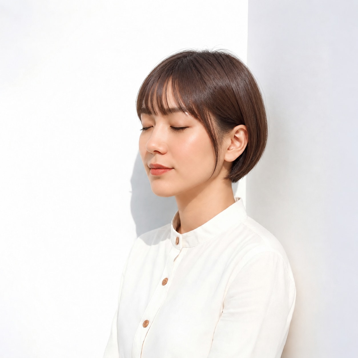 7. 丸みボブ × シースルーバング：顔まわりを薄く残して穏やかに