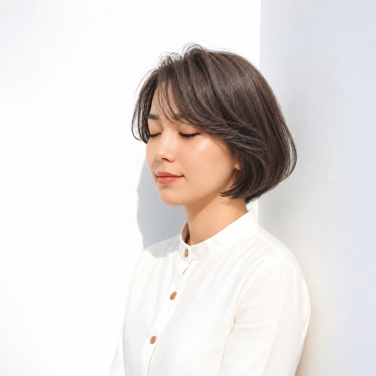 5. 丸みボブ × 流し前髪：流し前髪がふんわりしたボブを大人っぽく見せる
