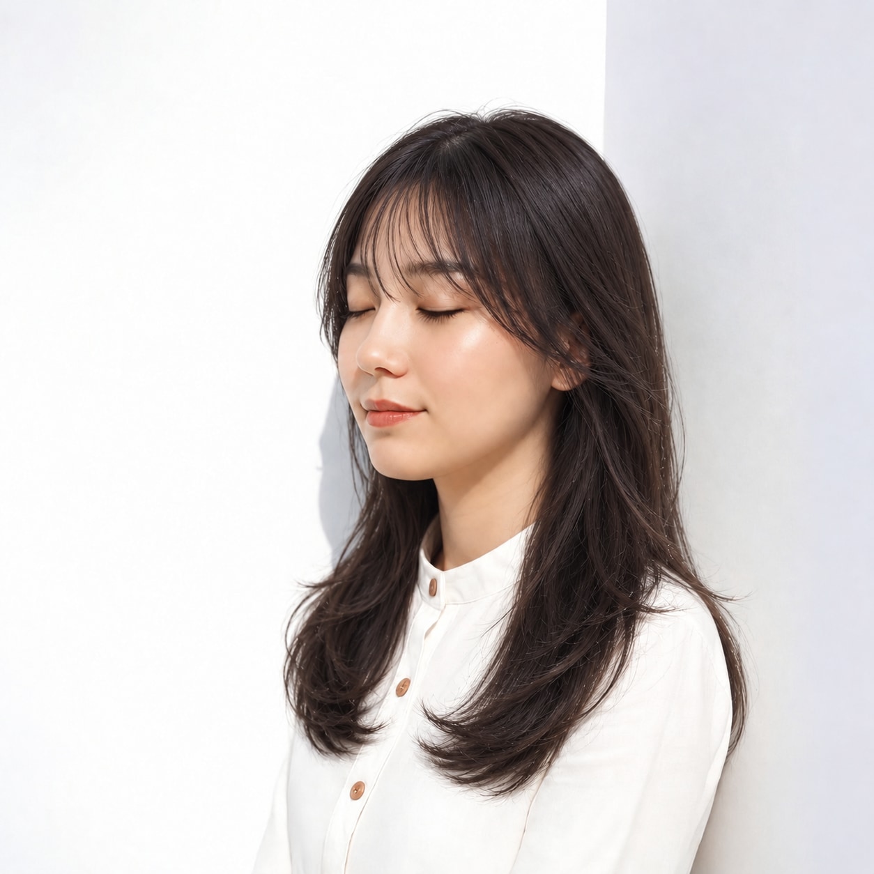 7. 内巻きロング × ダークブラウン：頬の毛束で柔らかく引き締める