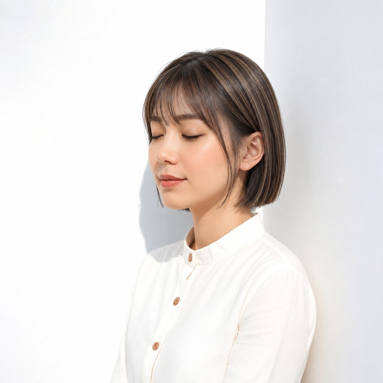 7. 切りっぱなしボブ × アッシュベージュ：淡い色で際立つ小さな束感