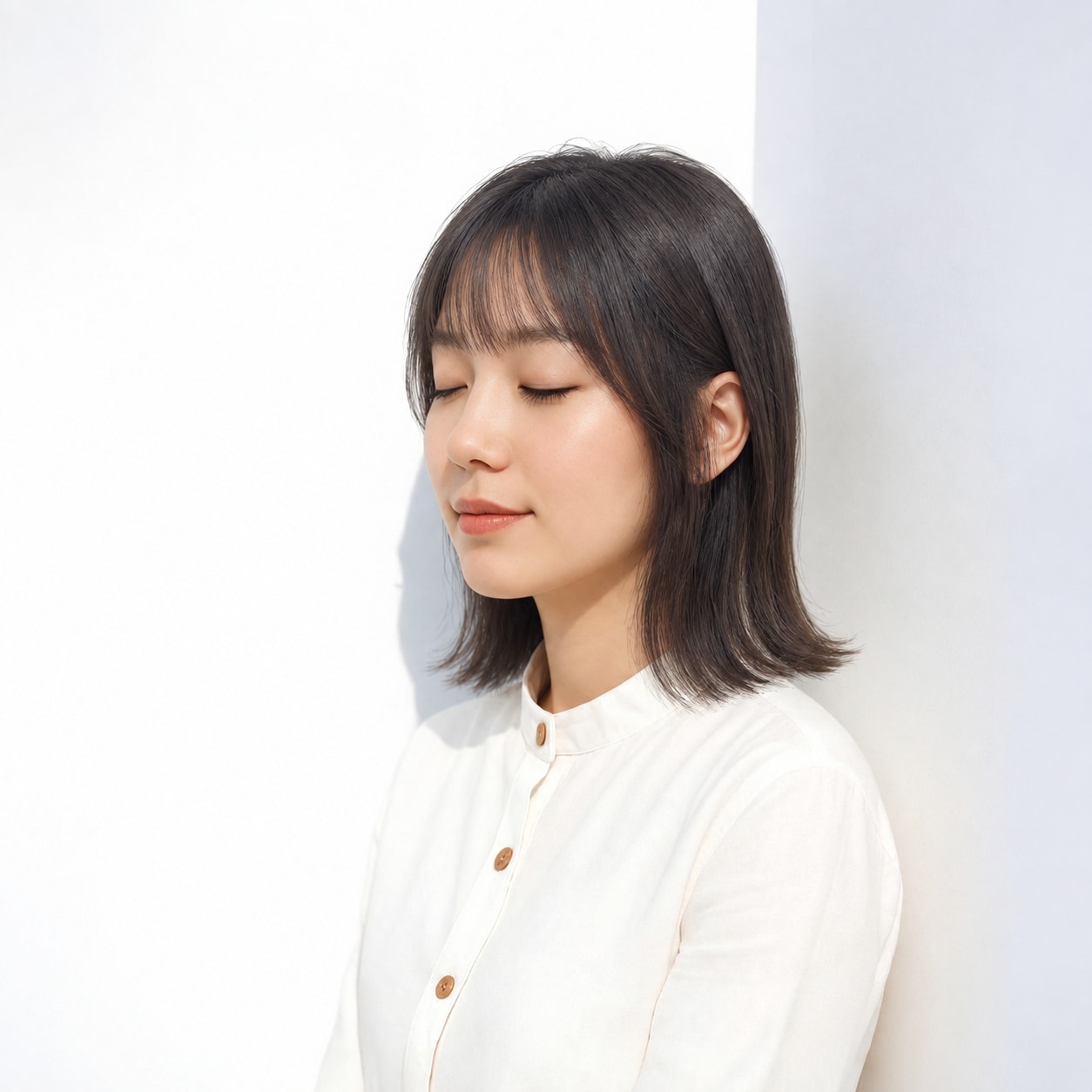 7. 切りっぱなしミディアム × 前髪あり × 大きめカール：直線的にならず、肩の長さでもやわらかな動きが出ます