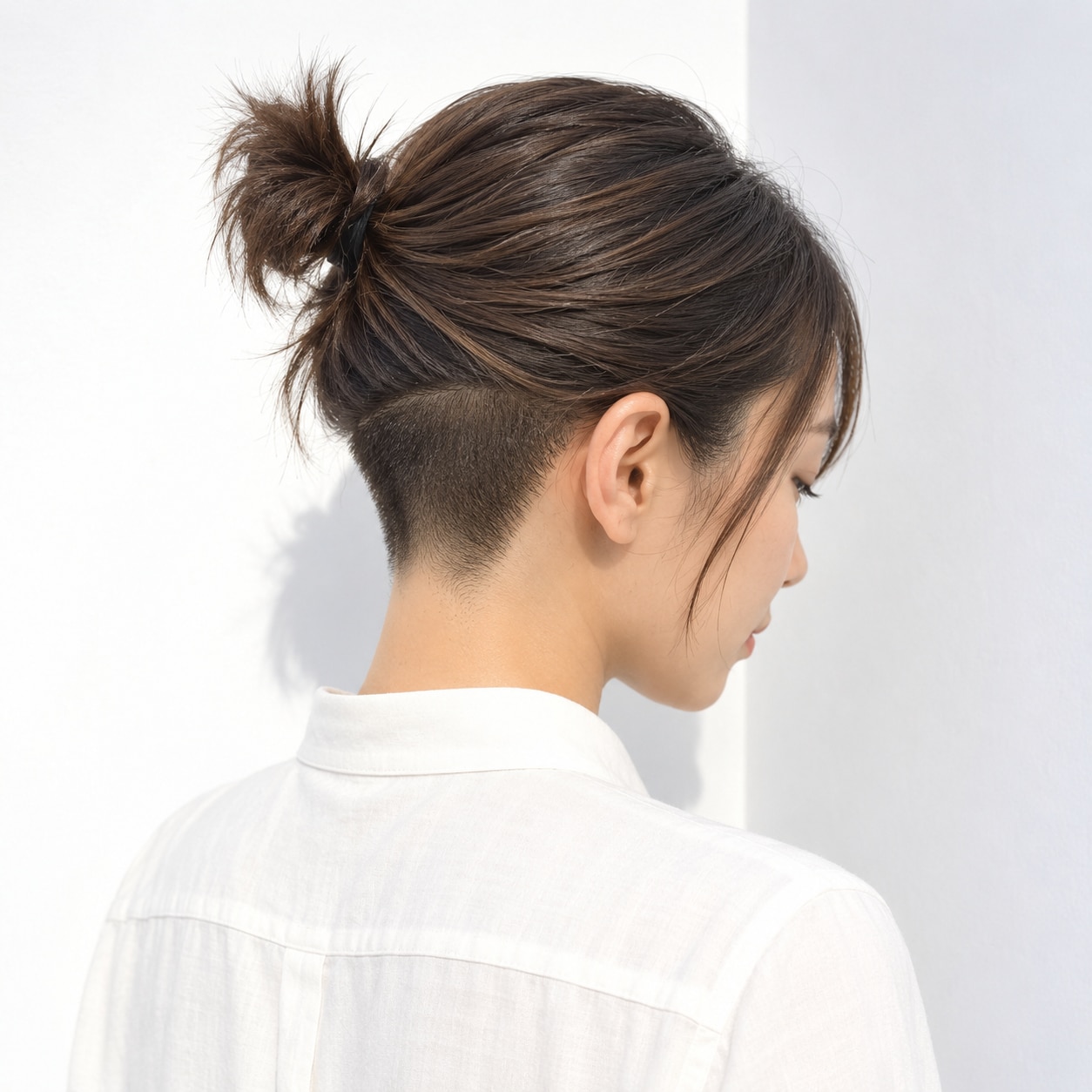 5. 刈り上げボブ × お団子アレンジ：髪をまとめると襟足の刈り上げが際立つ