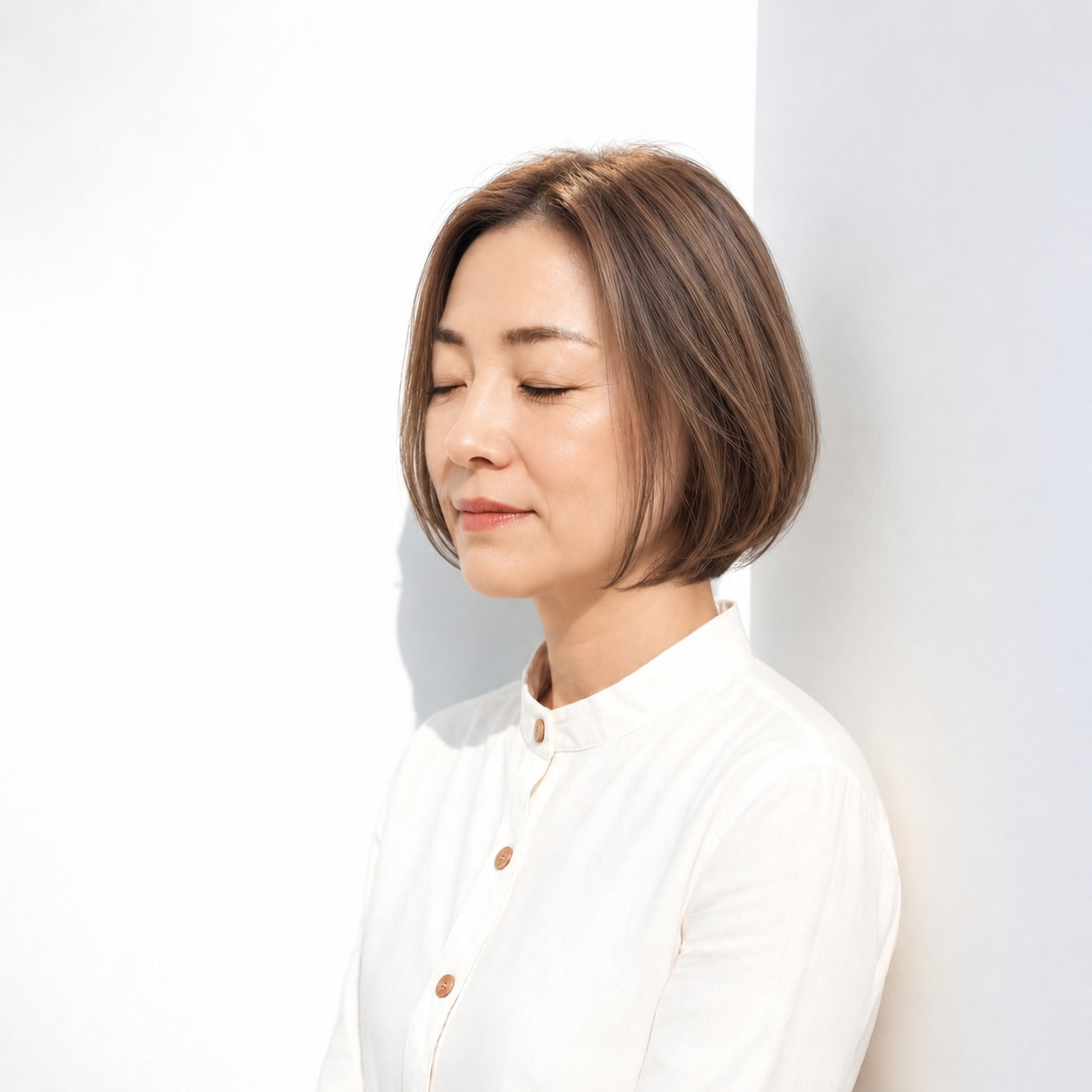 4. 前髪なしボブ × ブラウン：内巻きの毛先が穏やかな表情をつくる