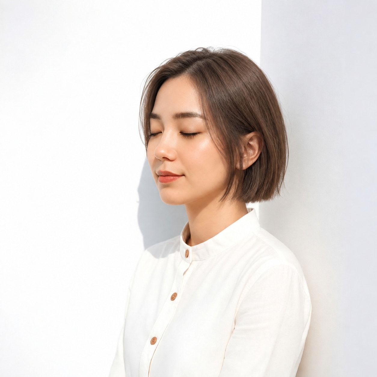 7. 前髪なし切りっぱなしボブ × 前下がりボブ：横顔に斜めのラインが入り、すっきりした印象になります