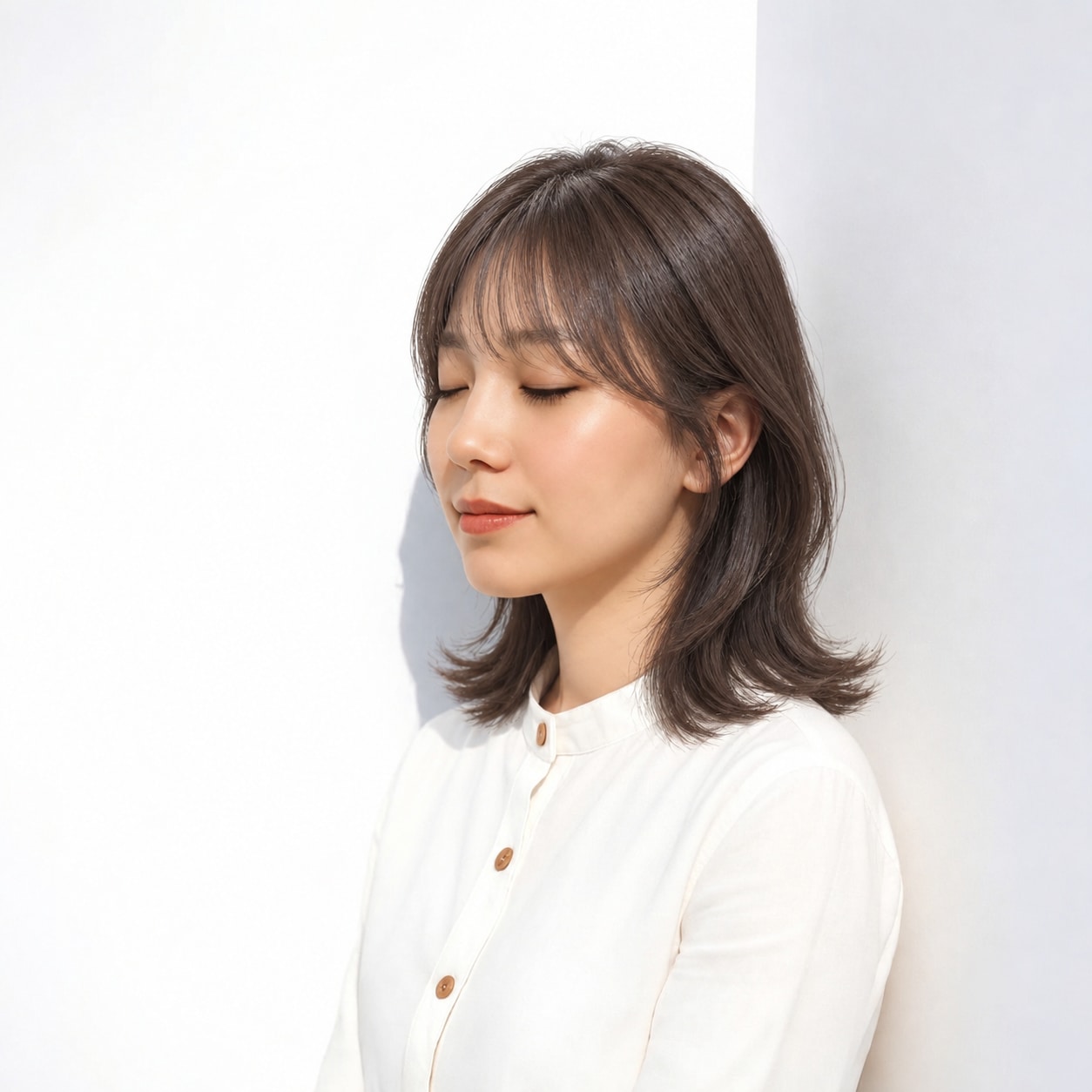 7. 外ハネミディアム × 前髪あり × 表面レイヤー：髪の面が一枚に沈まず、横から見ても立体感が続きます