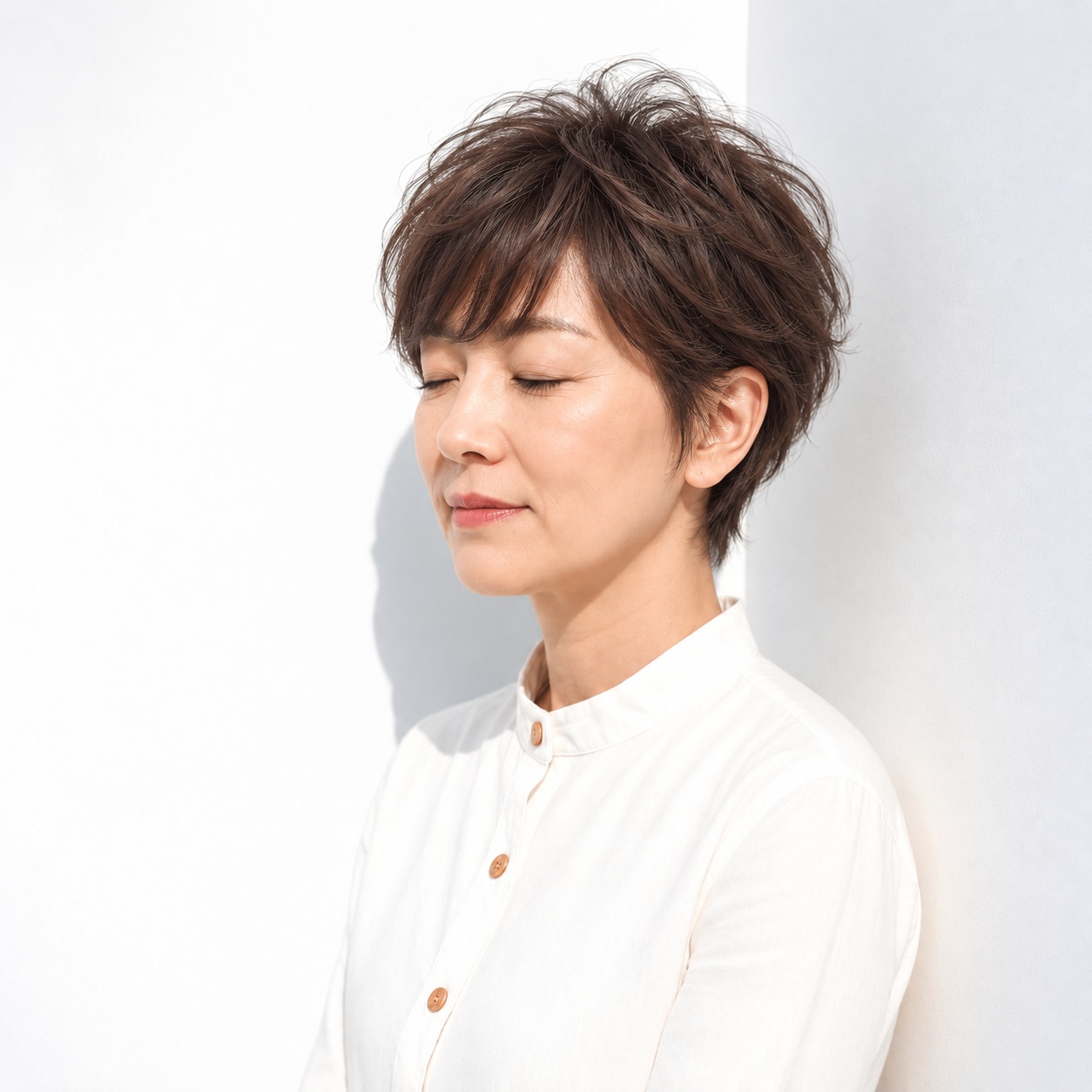 7. 斜めバング × 動きのあるショート：軽い束で表情豊かに