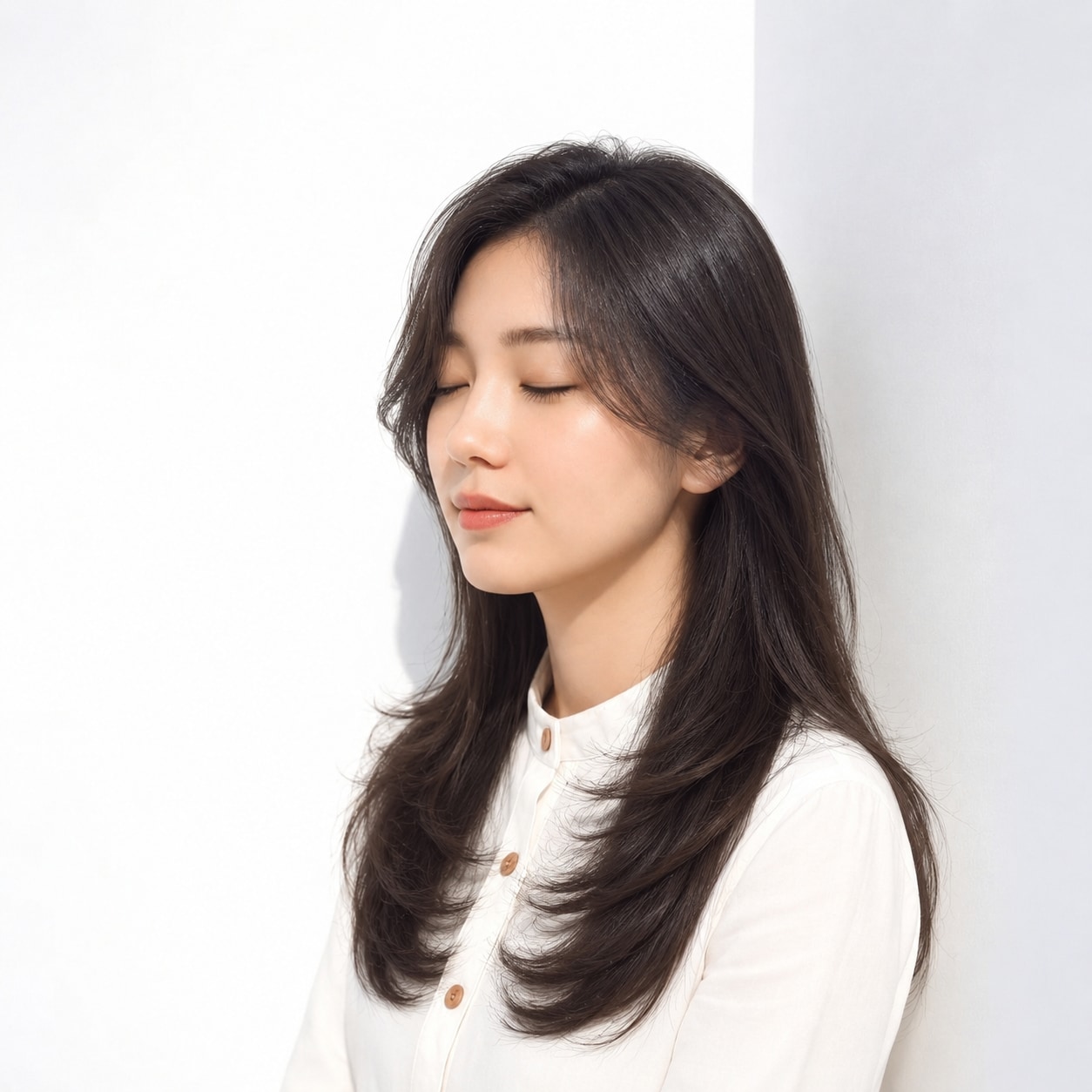 7. 流し前髪 × 内巻きロング：横へつなげて穏やかに