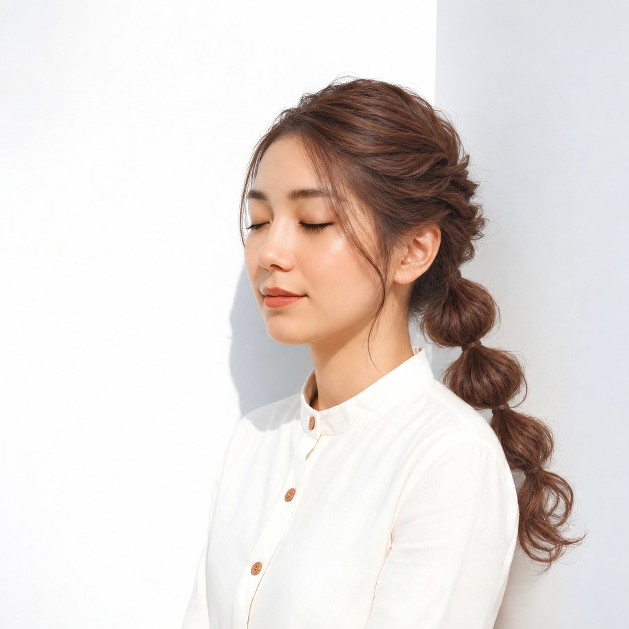 7. 玉ねぎヘア × バブルポニー：ポニーテールに立体感が生まれ、後ろ姿のアクセントになります