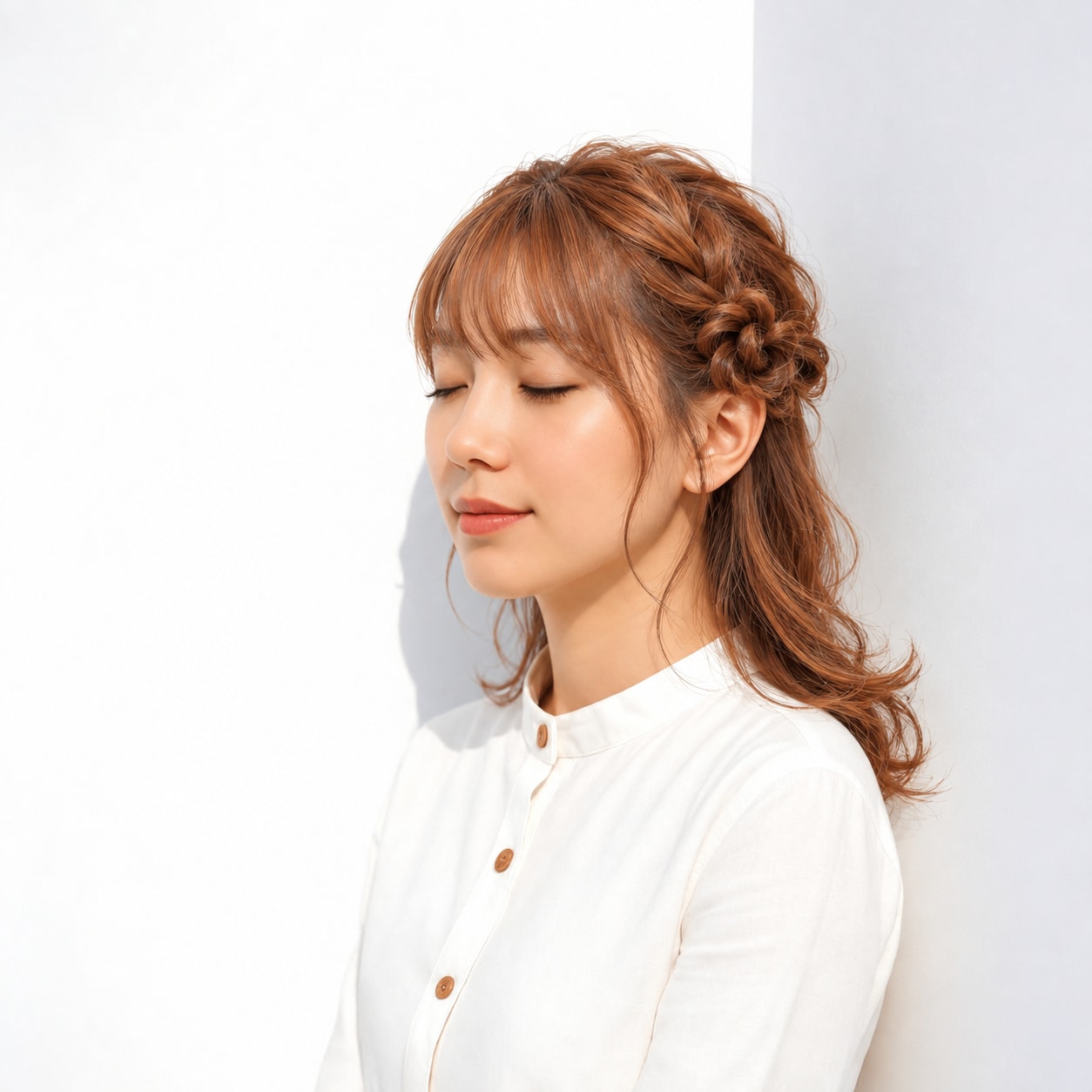 7. 羊ヘア × 編み込みアレンジ：表面に細かな陰影が出て、飾りが少なくても華やぎます