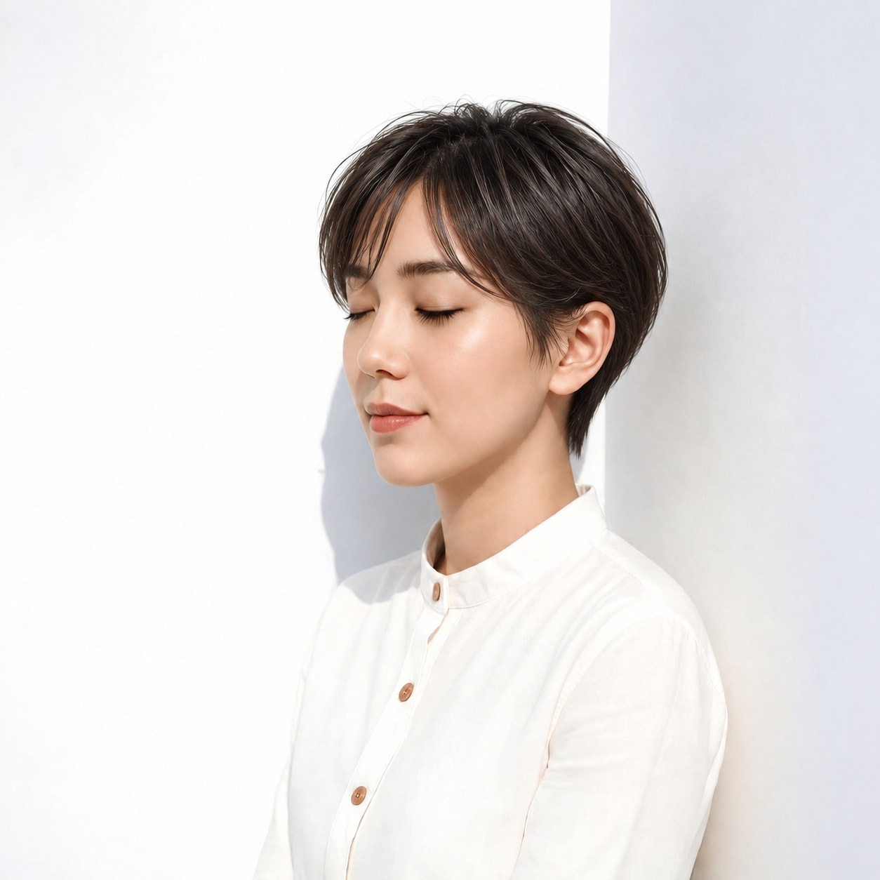 6. 耳かけハンサムショート × ダークブラウン：額に落ちる細い毛束で前髪の軽さを楽しめる