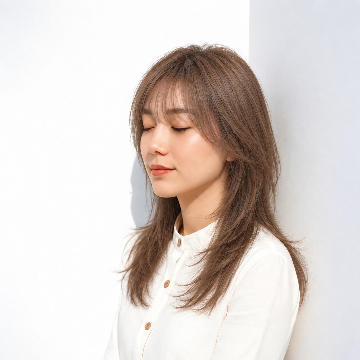 7. 軽めレイヤーロング × ブラウン：細い顔まわりで自然な抜け感