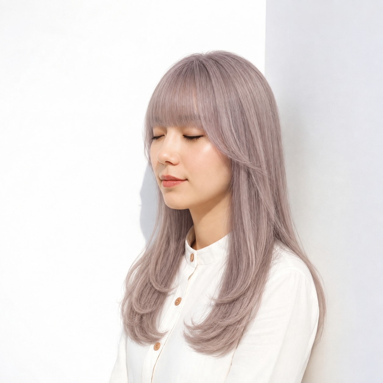 7. 重めバング × 顔まわりレイヤー：正面に細かな段差ができ、前髪からサイドへ自然につながります