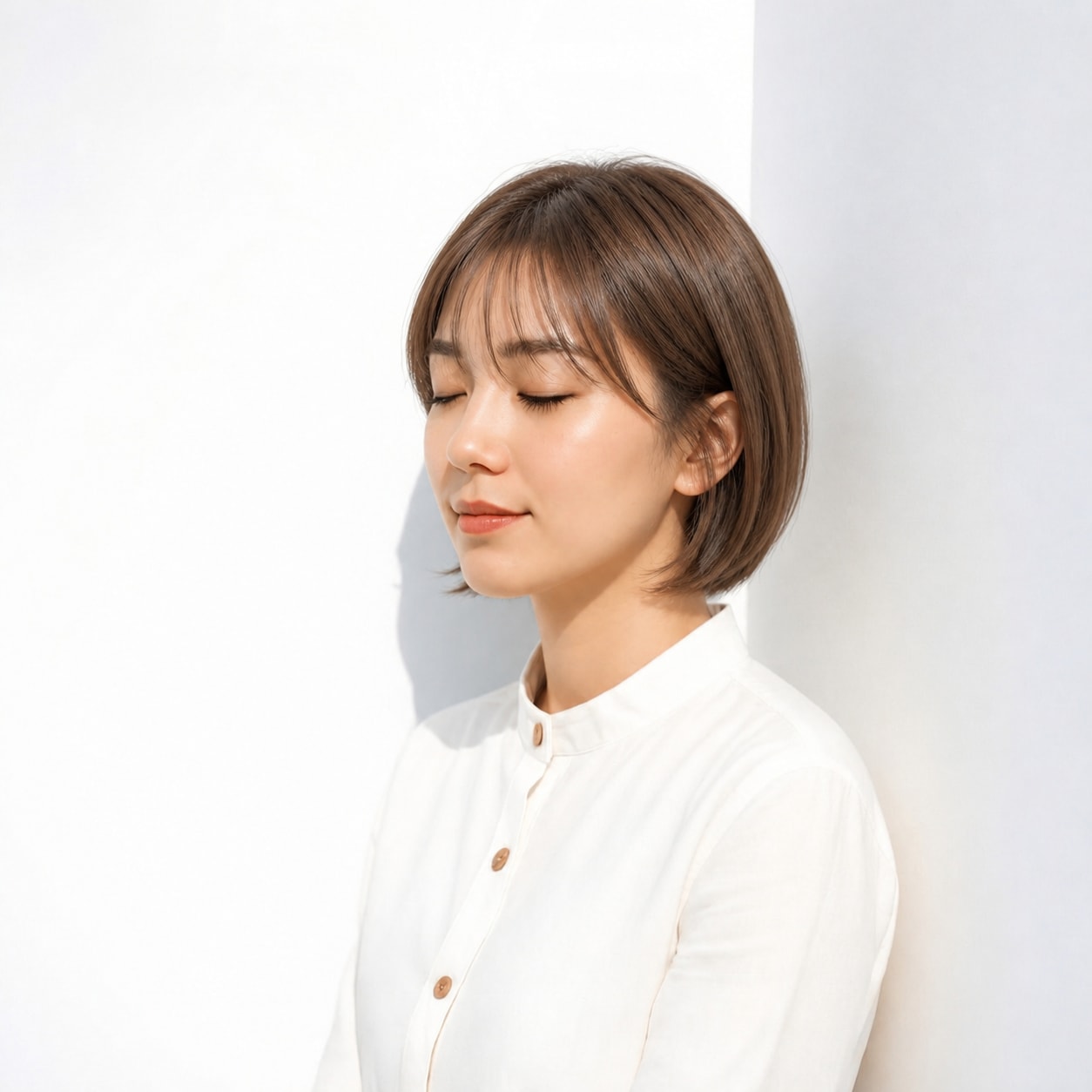 7. 面長ボブ × 前髪あり × 外ハネボブ：毛先に動きをプラス