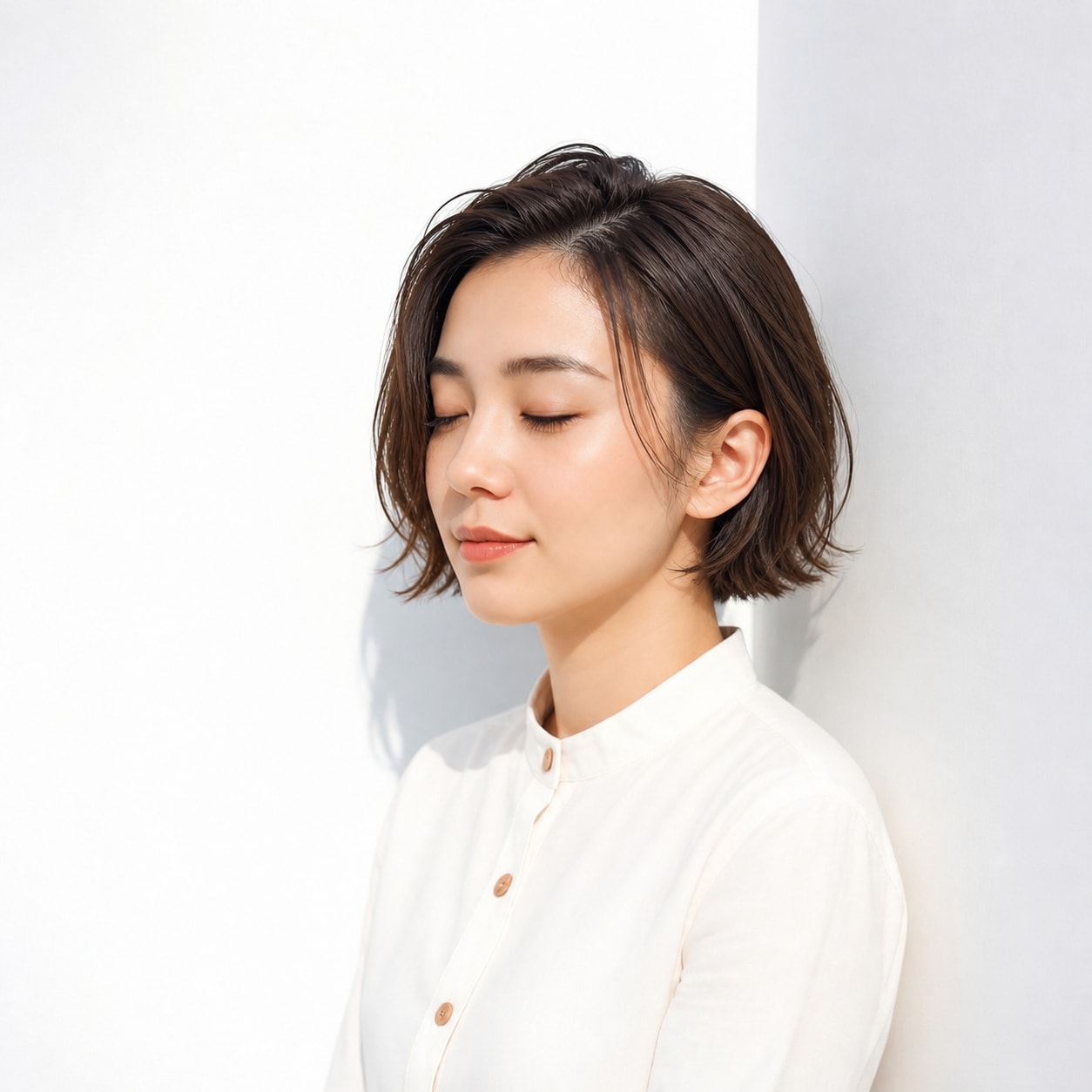 7. 面長ボブ × 前髪なし × ウェーブボブ：やわらかな動き