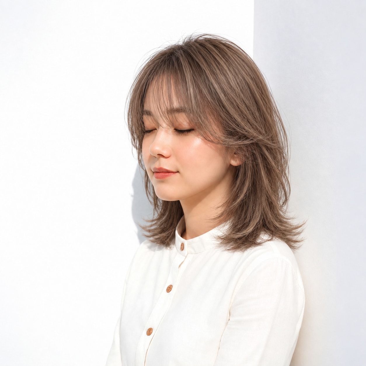 7. 顔まわりレイヤー × ベージュブラウン：軽い毛流れでやさしく縁取る