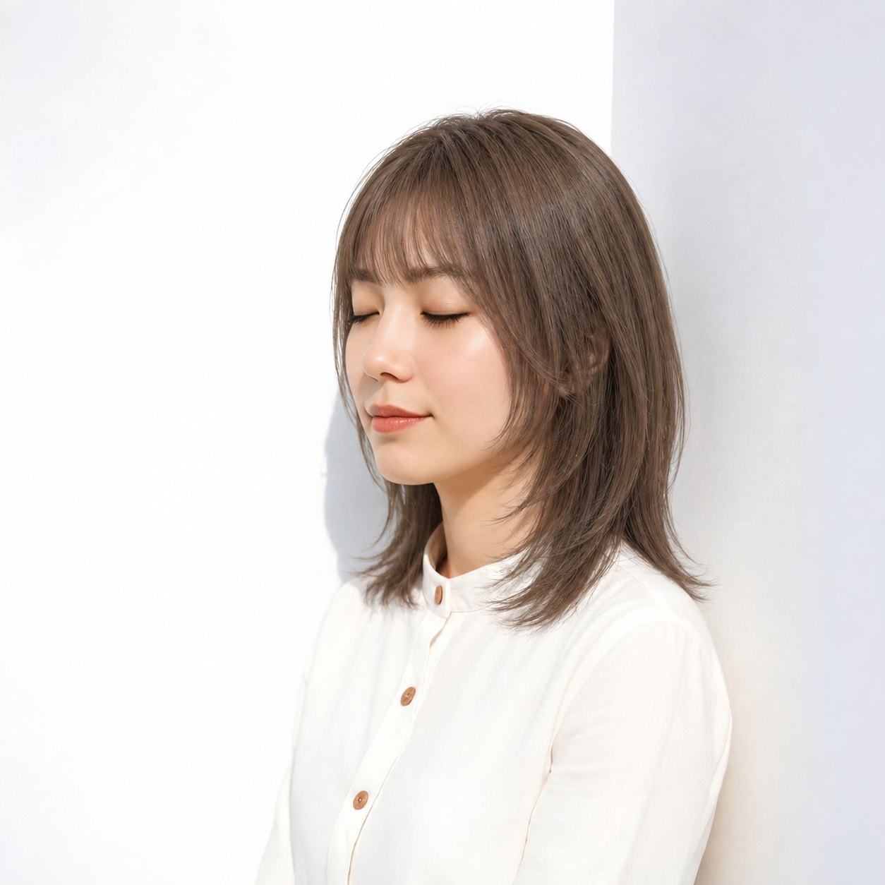 7. 顔まわりレイヤー × ミディアム × 重めシルエット：軽い段があっても先端が薄くなりすぎず、まとまりが保てます