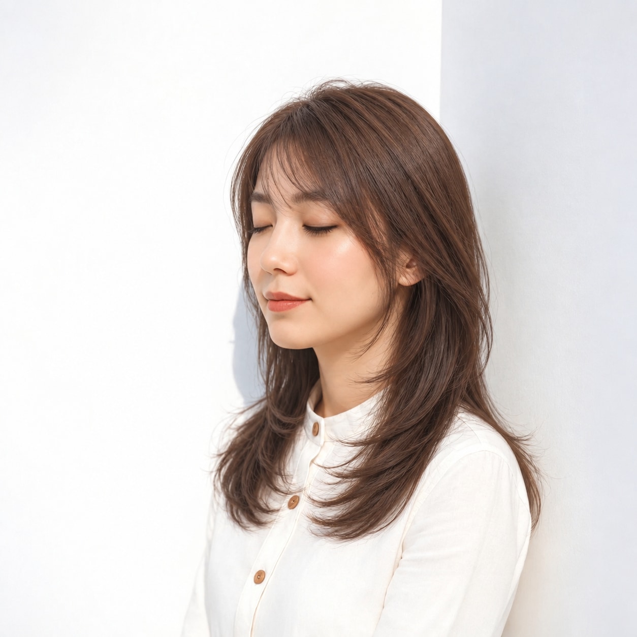 7. 顔まわりレイヤー × ロング × 毛先に残した厚み：軽い段があっても先端が薄くなりすぎず、まとまりが保てます