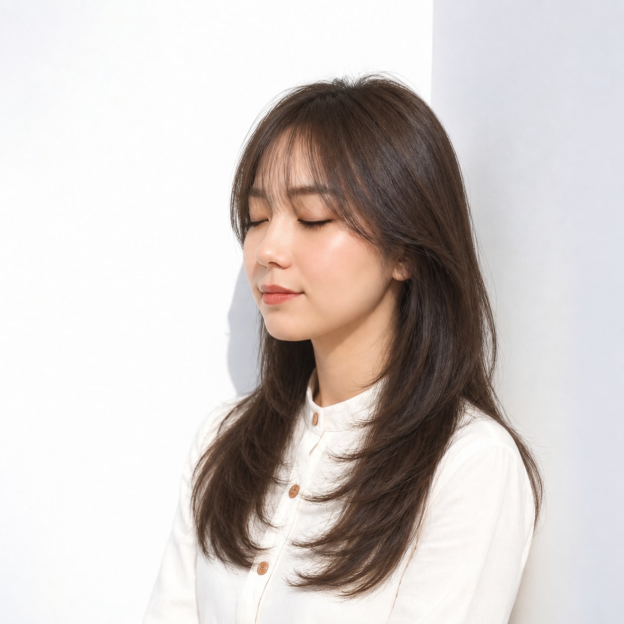 7. 顔まわりロング × ダークブラウン：長い曲線でやさしく引き締める