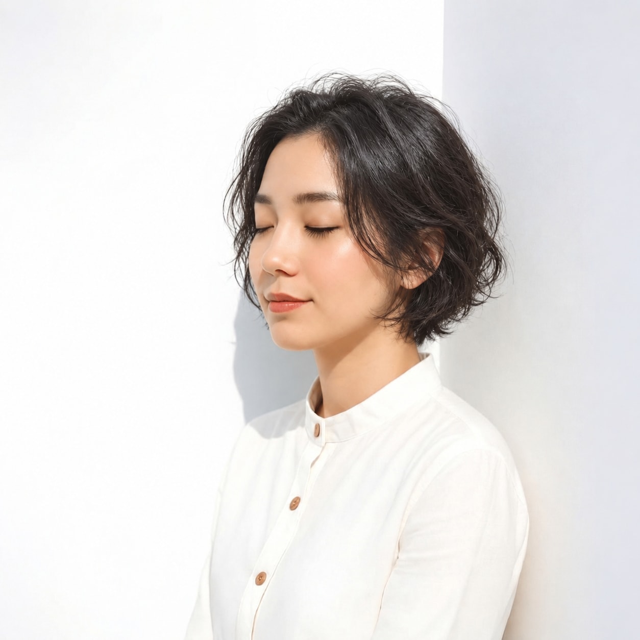 5. 黒髪ウェーブショート × 前髪なし：ゆれる毛束で前髪なしもふんわり見える