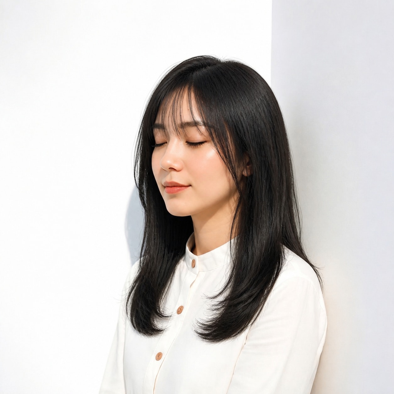 7. 黒髪ロング × 軽め前髪ストレート：清楚にまとまる