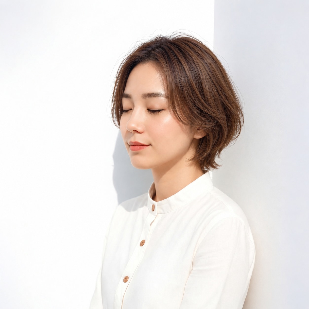 7. ひし形レイヤーボブ × 赤みブラウン：ラフな曲線なら作り込みすぎない丸みを楽しめる