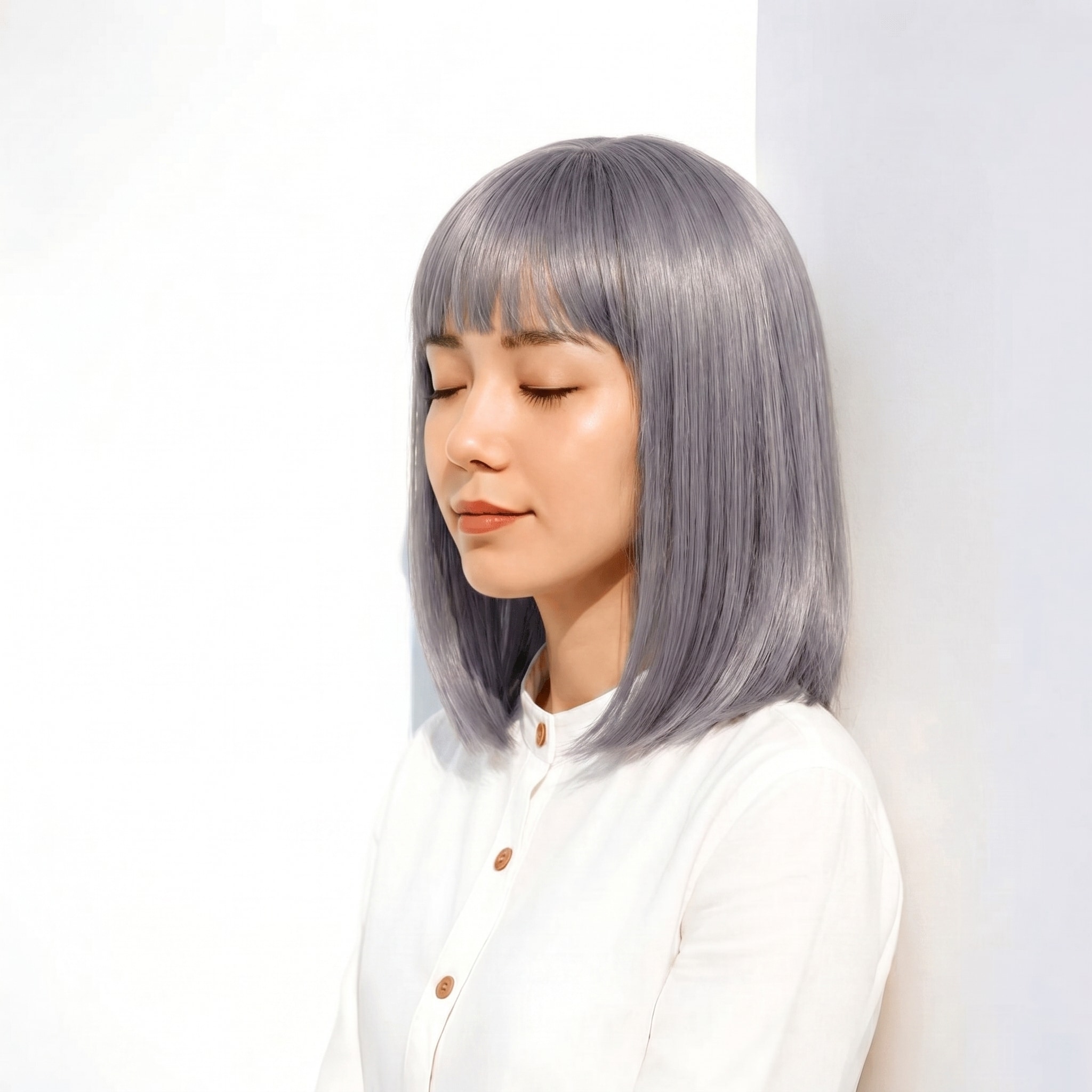 8. アイスグレージュ×切りっぱなしボブ: クールな抜け感を演出する洗練ロブ