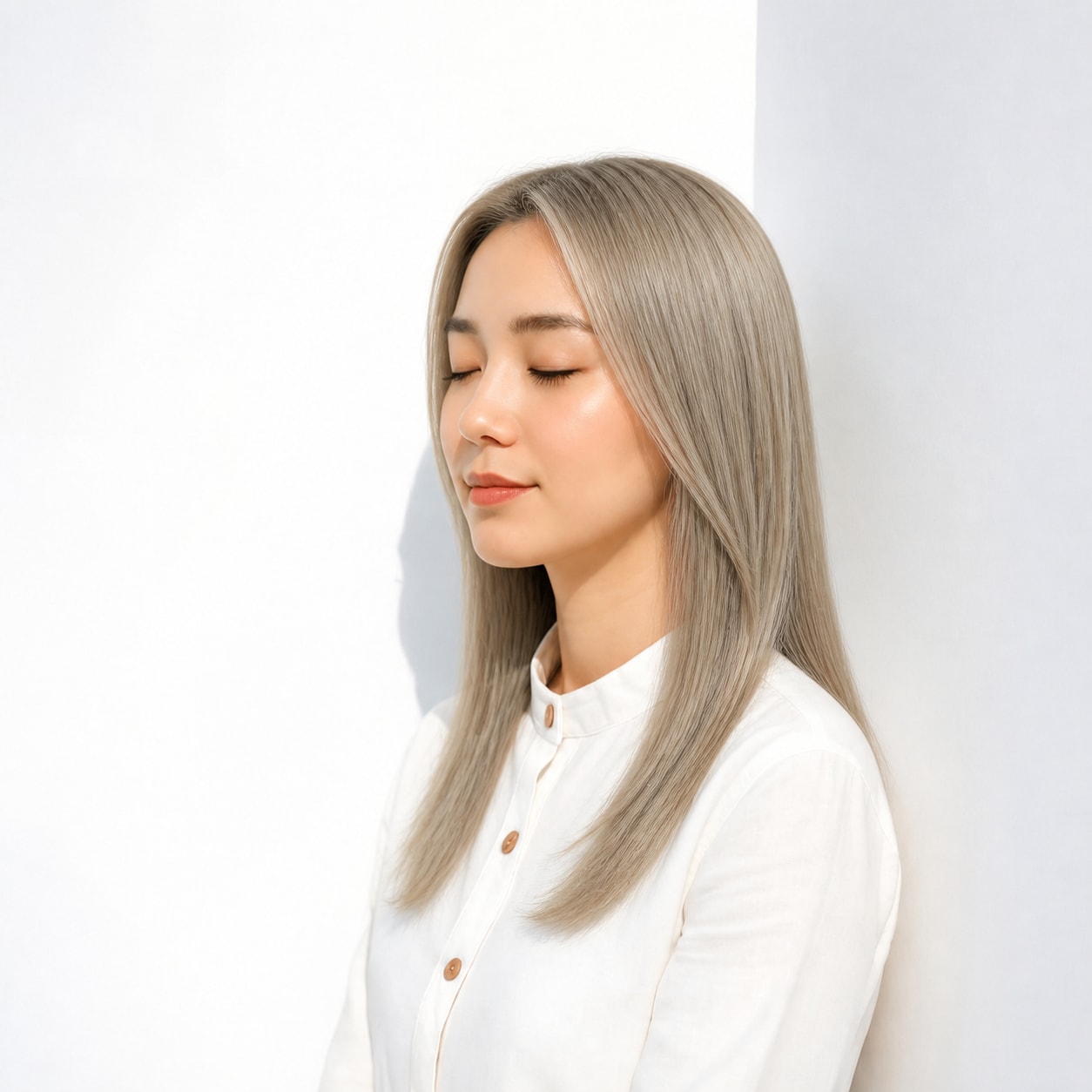 8. アッシュブロンド × ロングストレート：グレー感を効かせてシャープに