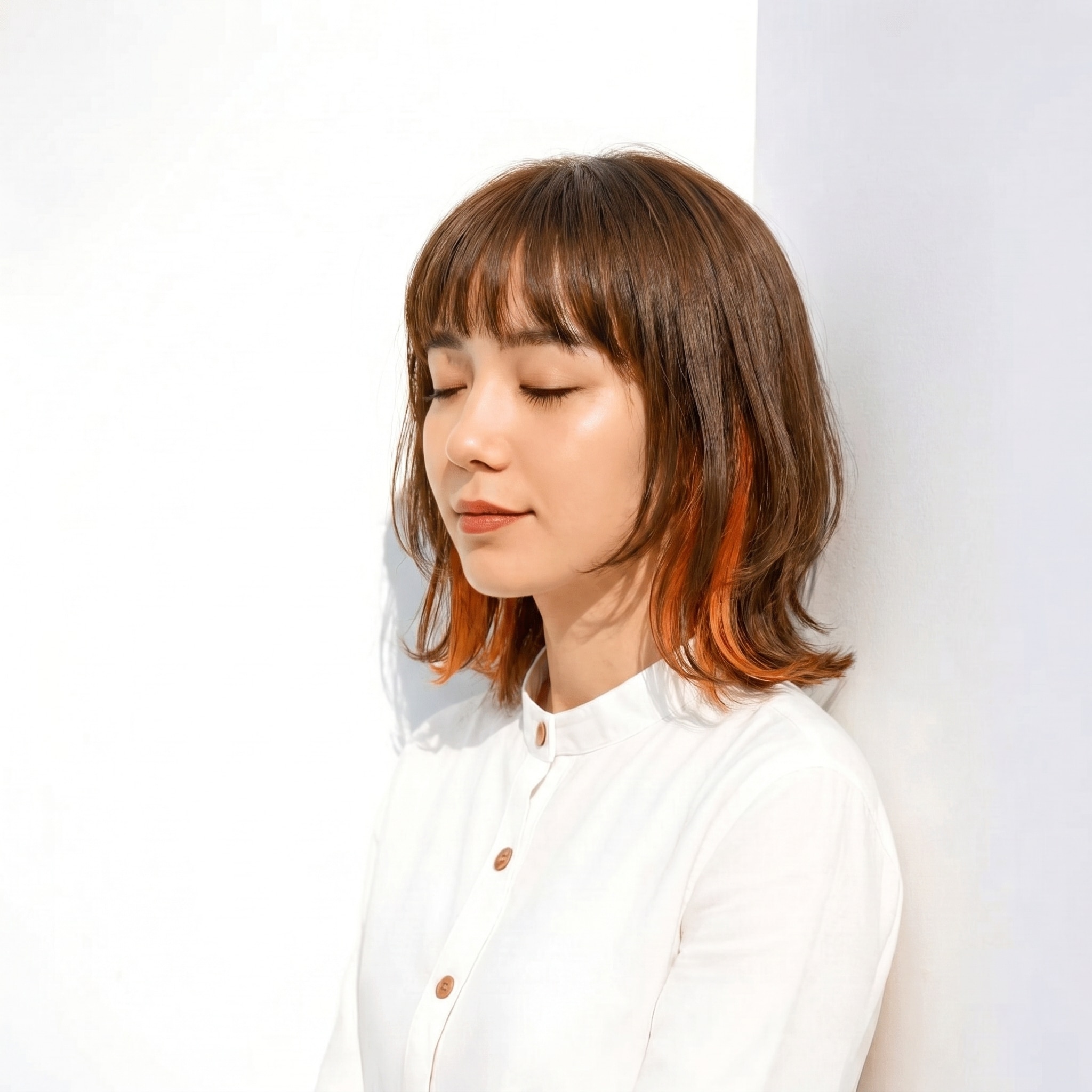 8. インナーカラー×コッパーオレンジ×外ハネ丸みボブ: 落ち着きは残しつつ、ちらりと見える色で垢抜ける