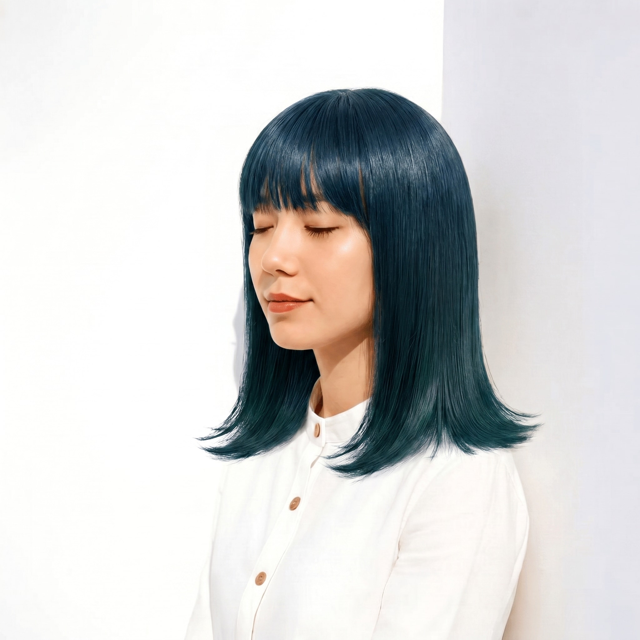 8. ターコイズブルー×ミディアムストレート: 透け感ある深みカラーで軽やかに