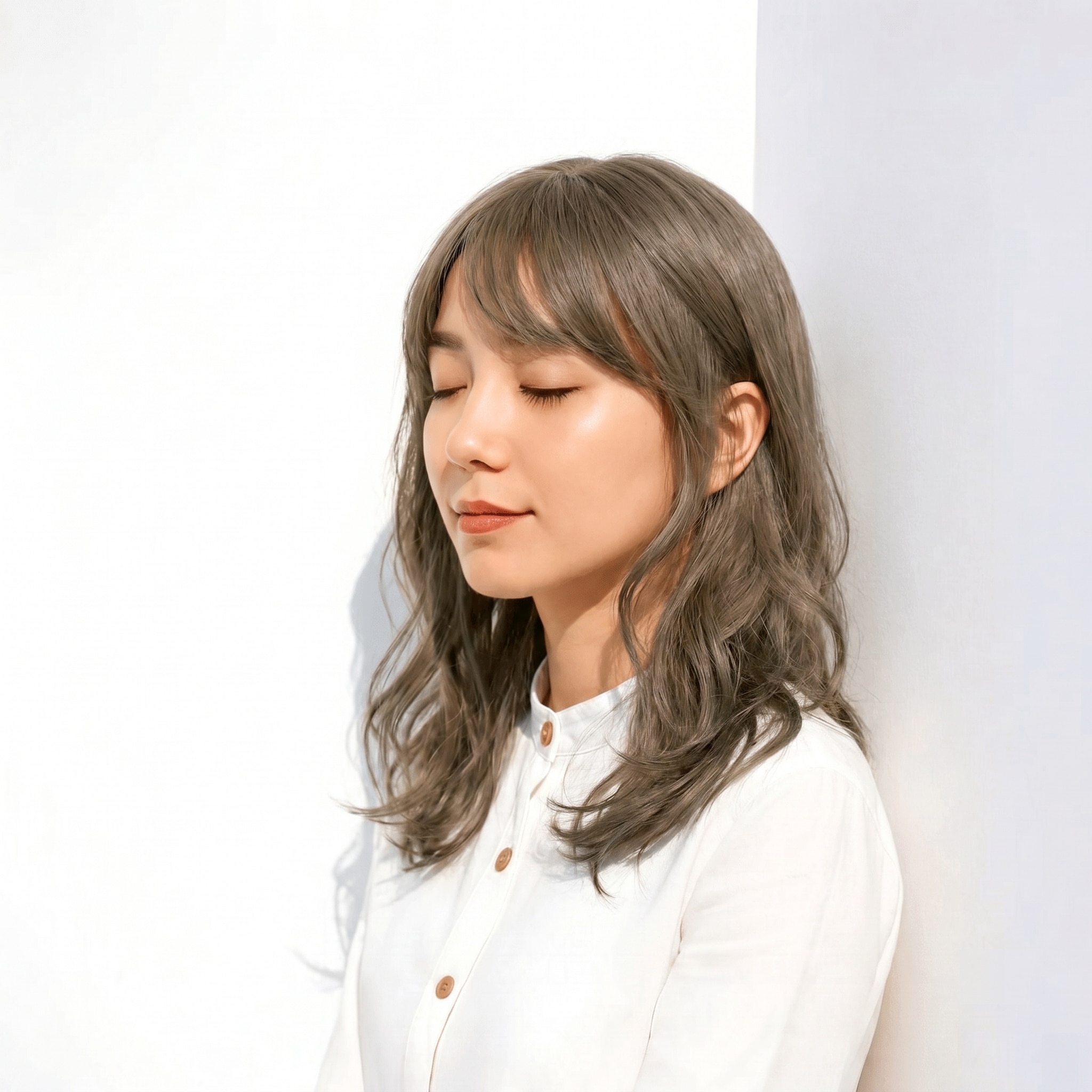 8. オリーブアッシュ×透明感：鎖骨ミディアムにS字ウェーブで軽やかさを演出