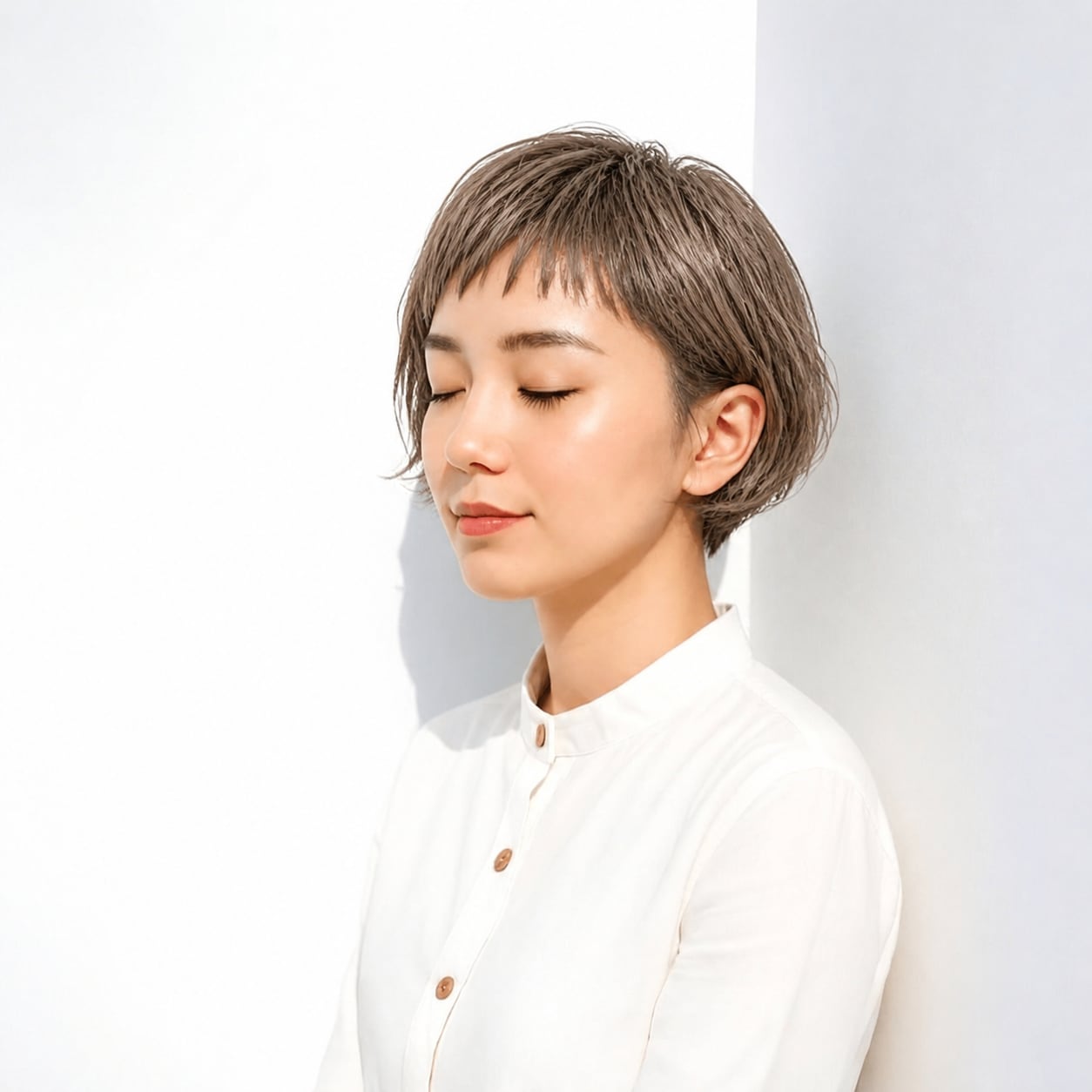 8. オン眉 × ベージュショート：毛束を軽やかに