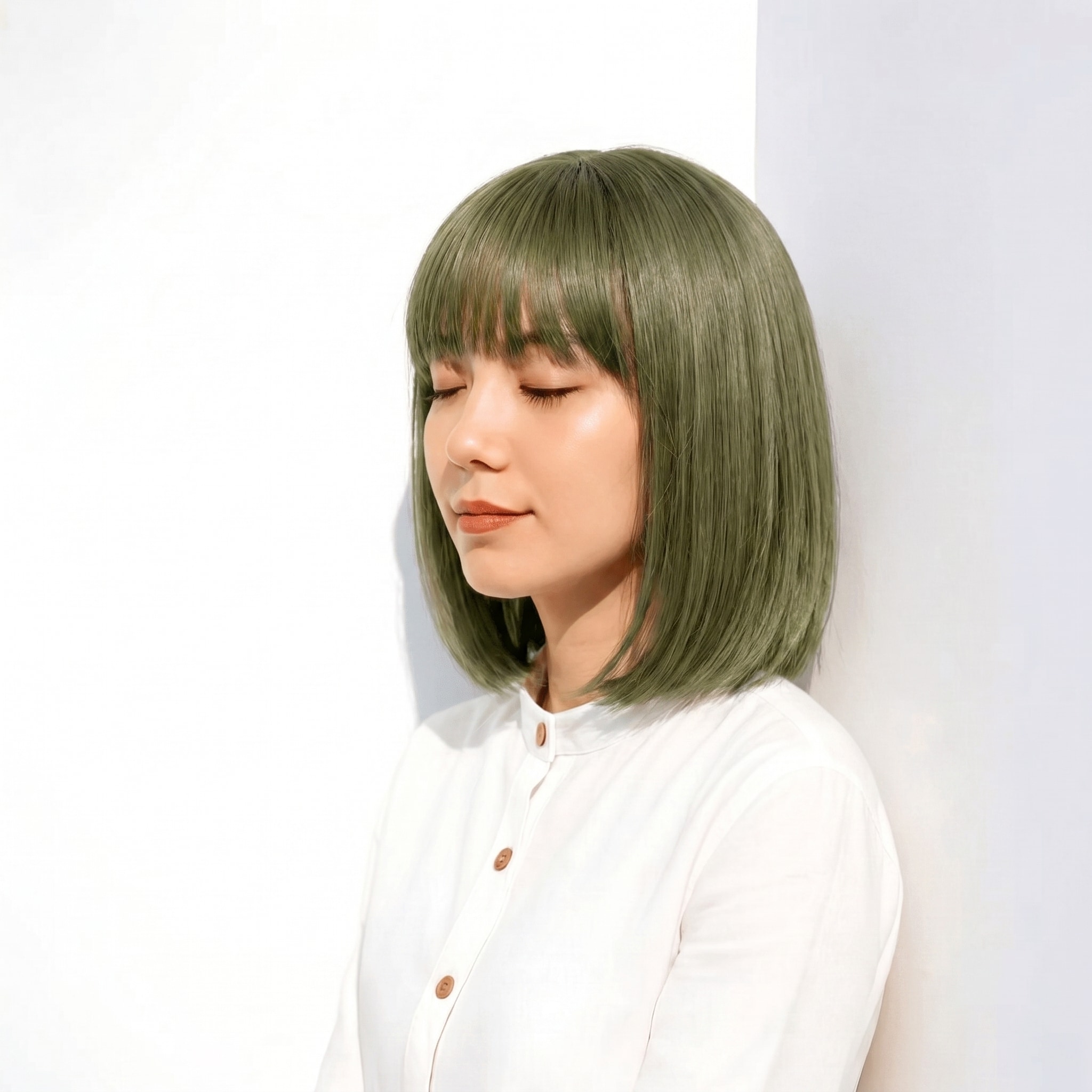 8. カーキアッシュ×ストレートボブ: 深みのあるオリーブくすみで端正なラインを都会的に
