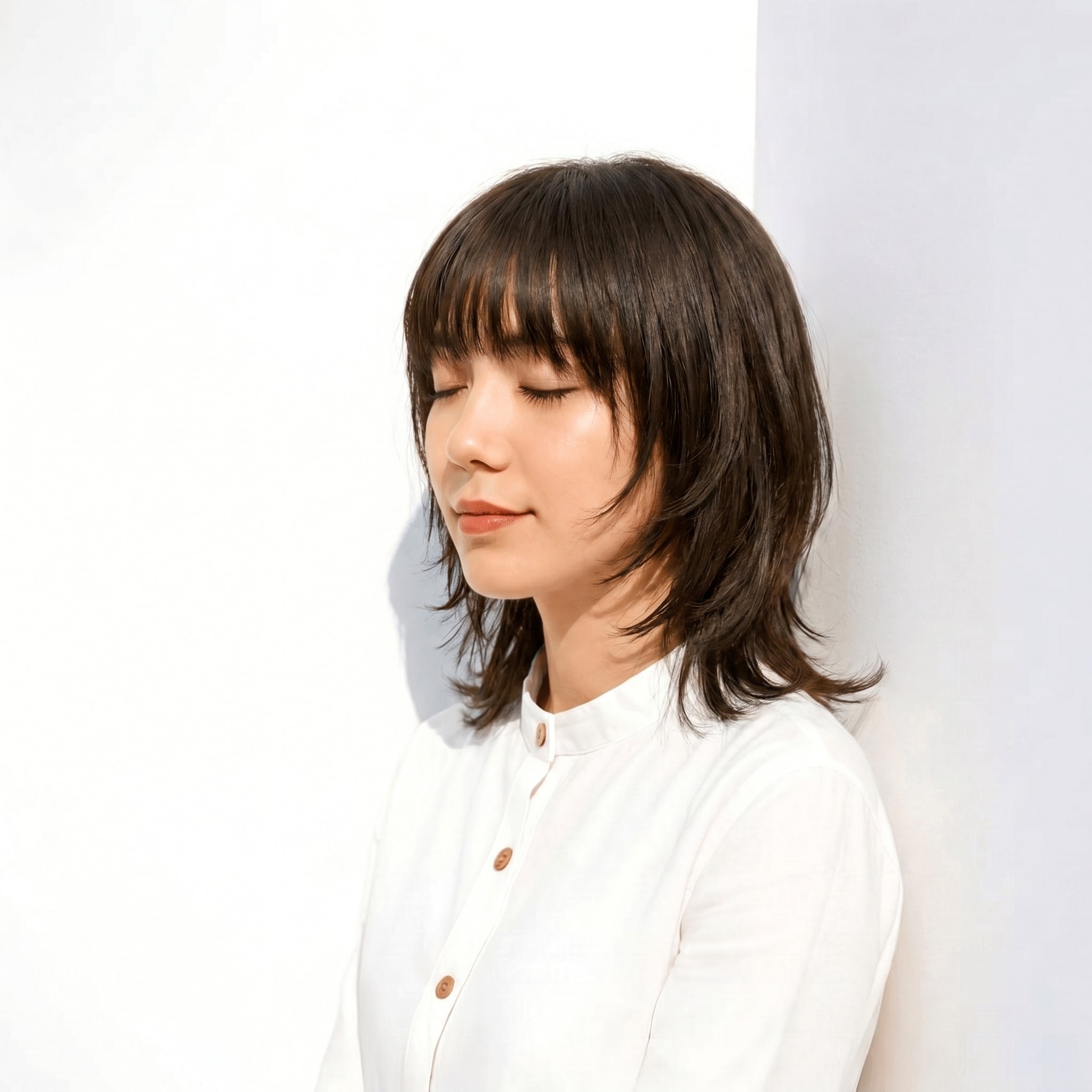 8. カーキグレージュ×寒色ニュアンス: 赤みを抑えたツヤ感で軽やかに