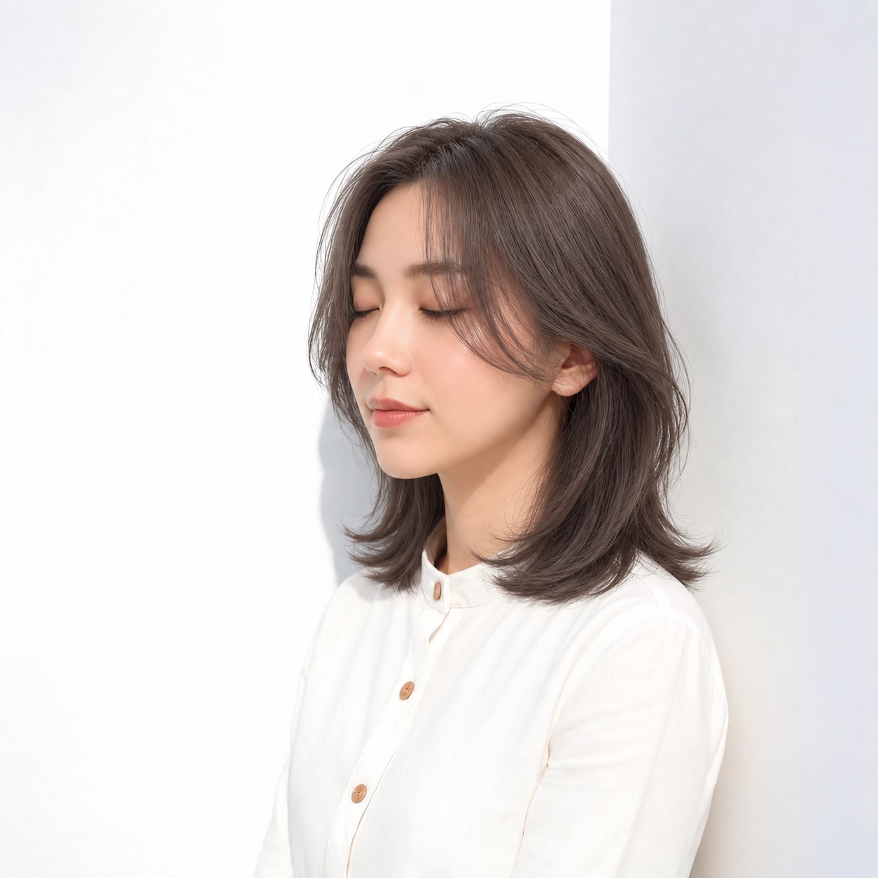 7. カーテンバングミディアム × 内巻き：大人っぽくしなやかに