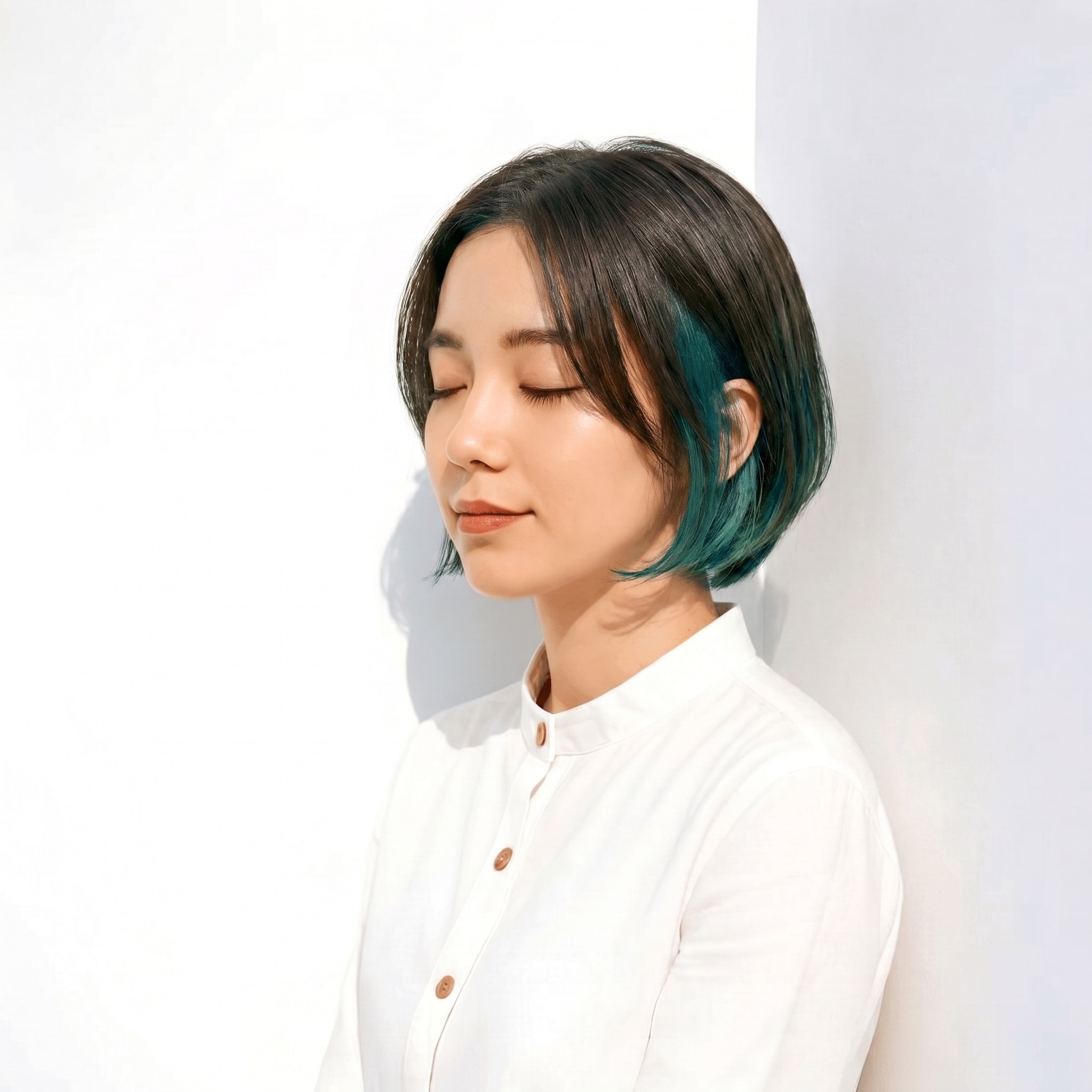 8. グリーンアッシュ×インナーカラー：青緑のアクセントで立体感を演出