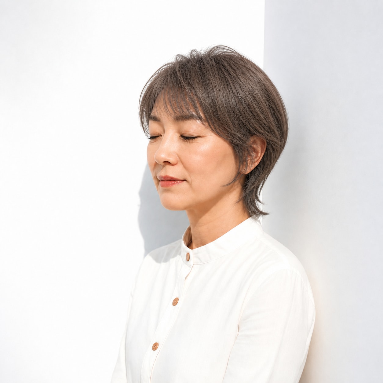8. ショートウルフ × やわらかブラウン：50代の表情を明るく
