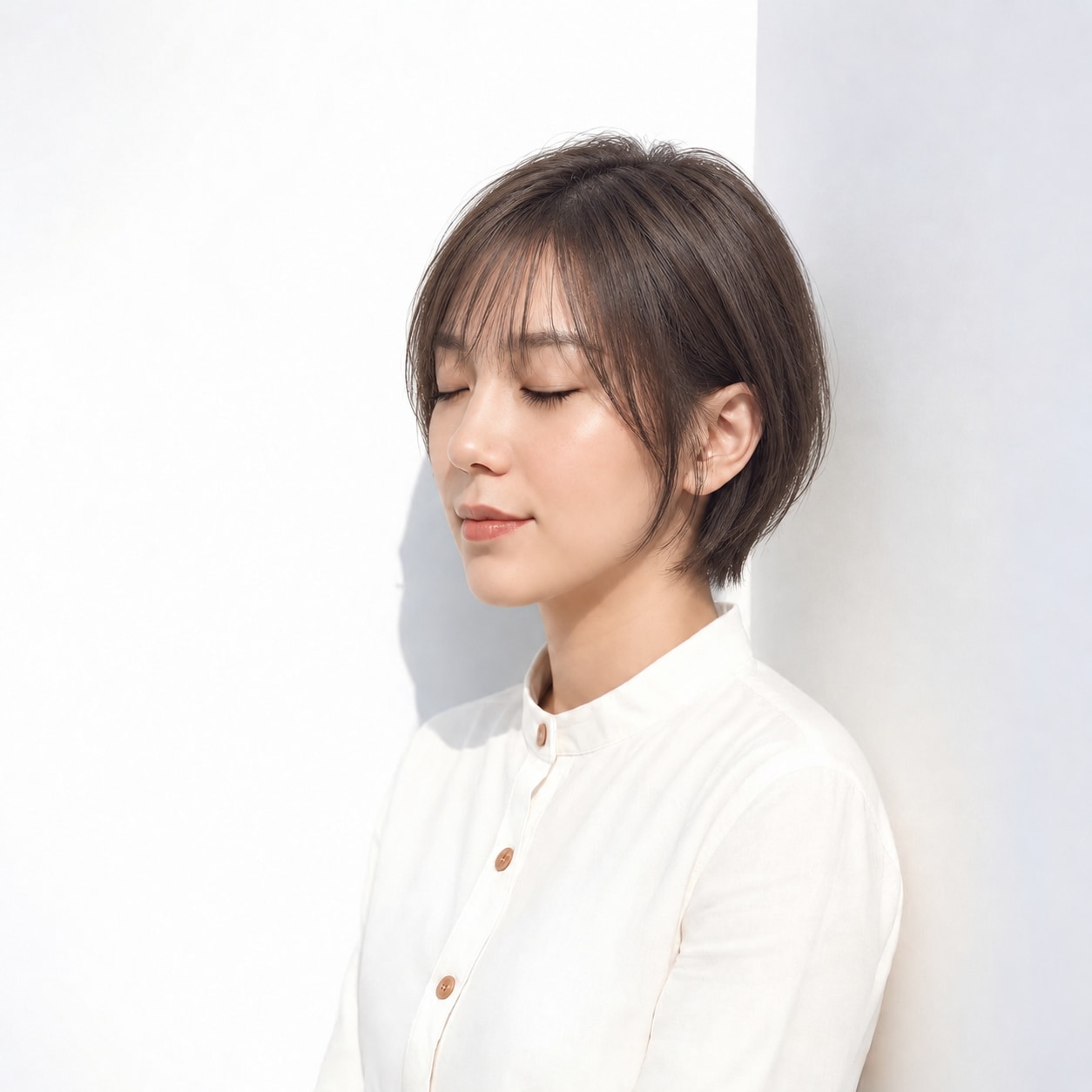 8. ショートボブ × アッシュブラウン：頬に触れる毛束で柔らかな奥行き