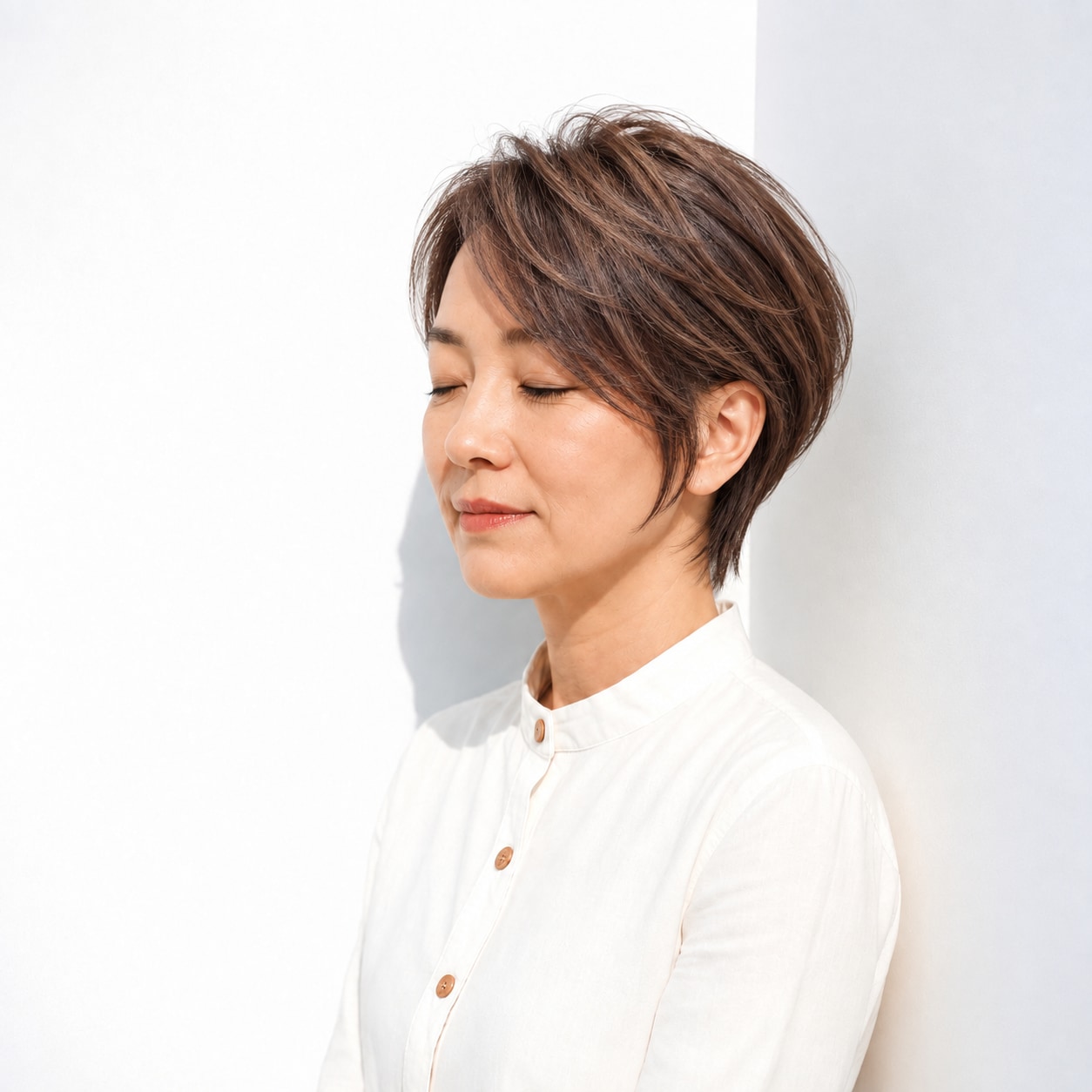 8. ショートレイヤー × かき上げ前髪：目元に余白ができ、ショートの軽さが顔まわりにも続きます