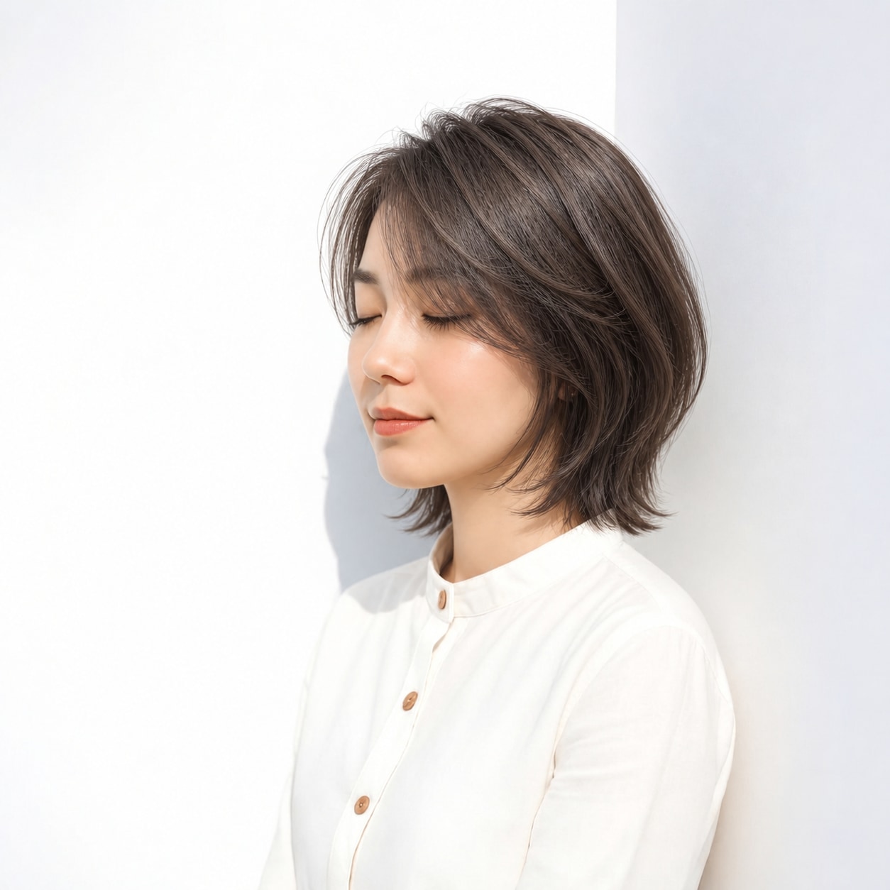 8. ショートレイヤー × 長め × かき上げ前髪：目元に余白ができ、ショートの軽さが顔まわりにも続きます
