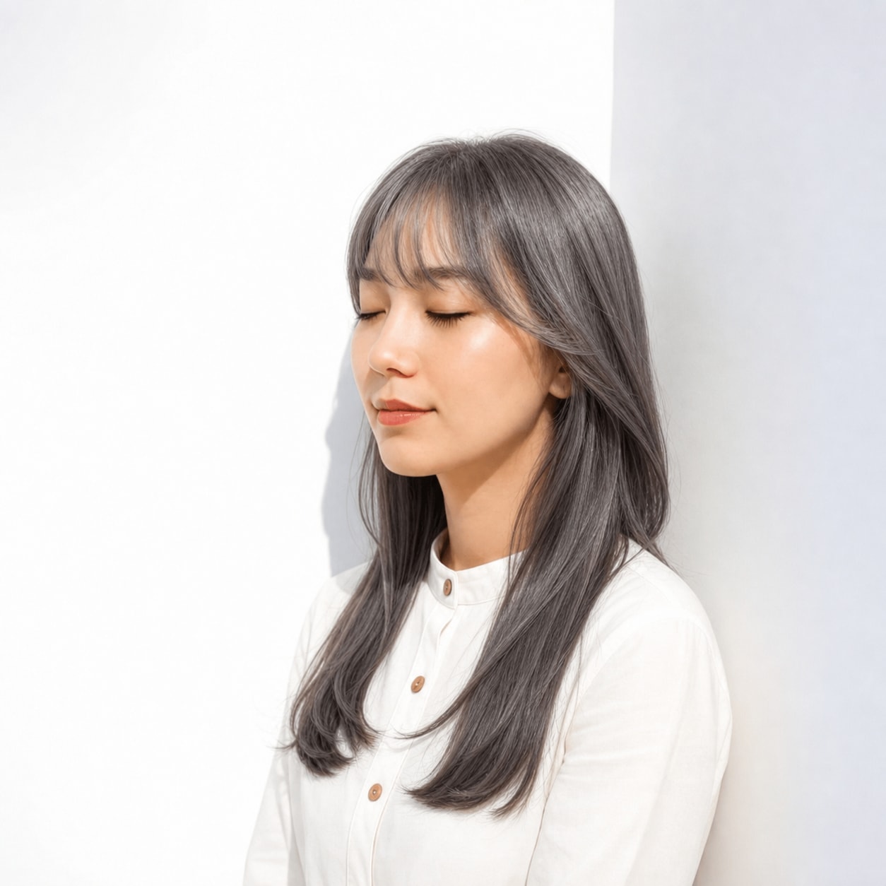 8. シルバーアッシュ×ストレートロング: 明るいシルバーで前髪ありでも重くなりにくい