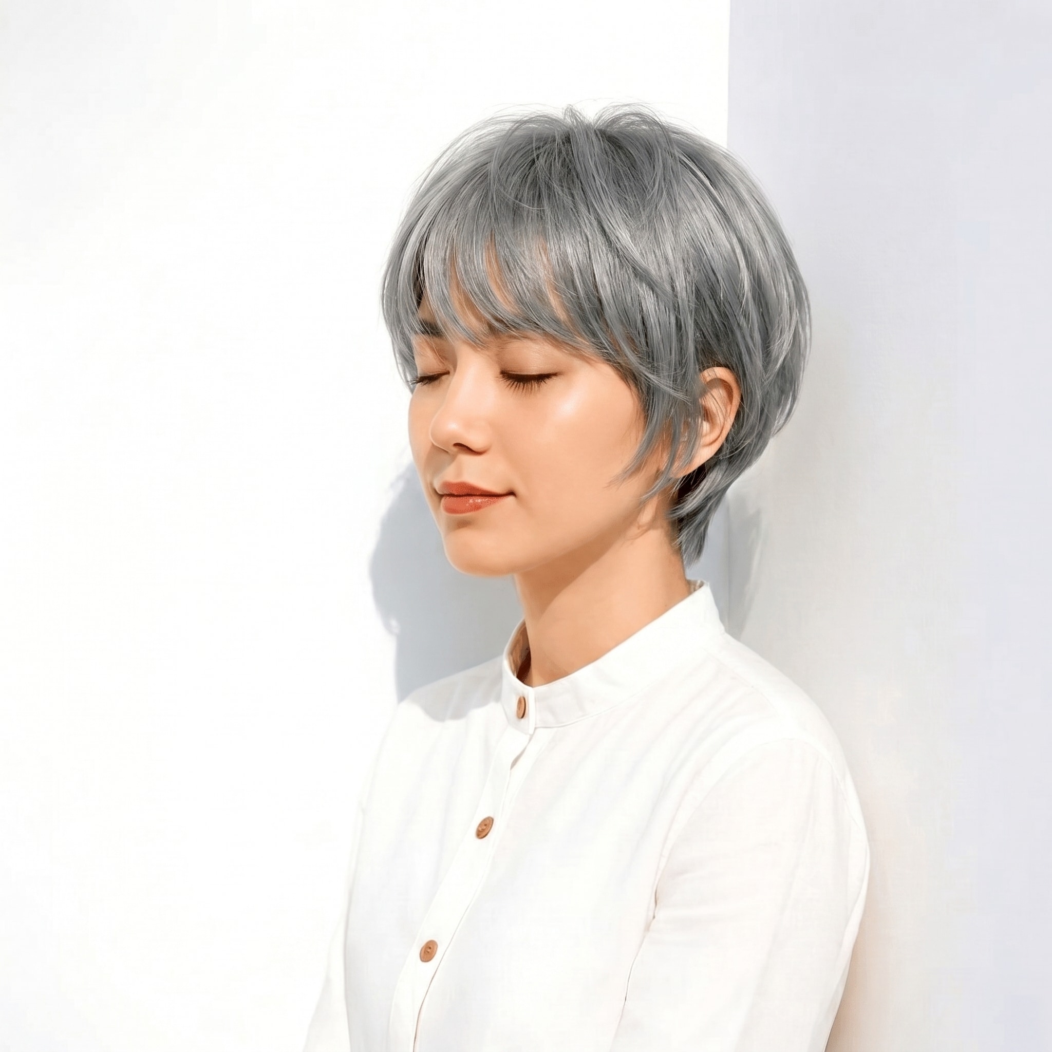 8. シルバーグレー×ハイトーンカラー: 丸みショートに軽やかな動きをプラス