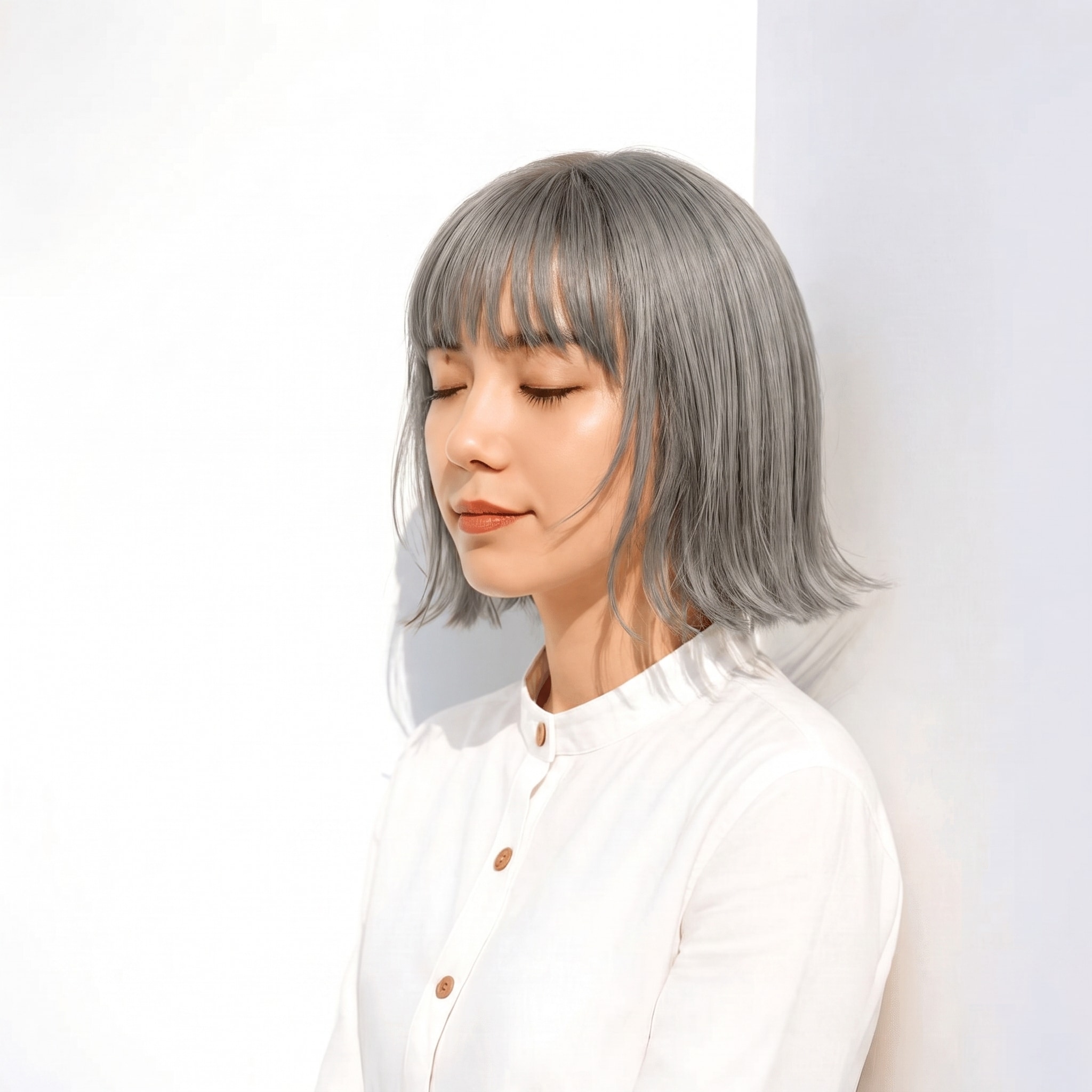 8. シルバーグレージュ×ストレートボブ: 黄みを抑えたグレーで前髪ありボブが涼しげになる