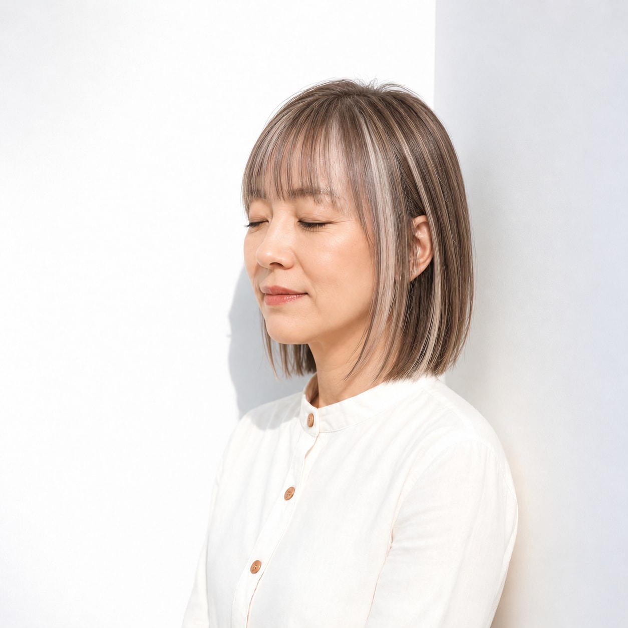 2. ストレートミディアム × ハイライト：顔まわりの明暗が毛流れを引き立てる