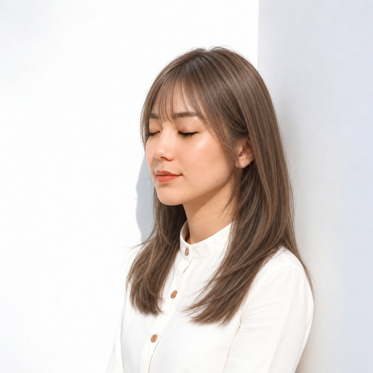 8. ストレートロング × ベージュブラウン：なめらかな髪で輪郭になじむ