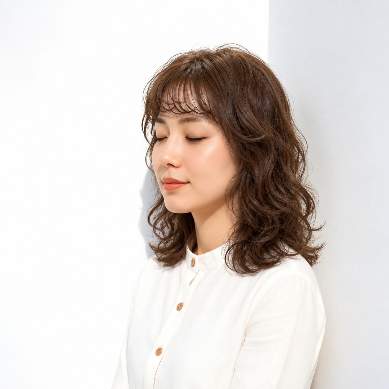 8. セミロングパーマ × 強め × 大きめカール：曲線が重なり、長さを変えなくても華やかな動きが出ます
