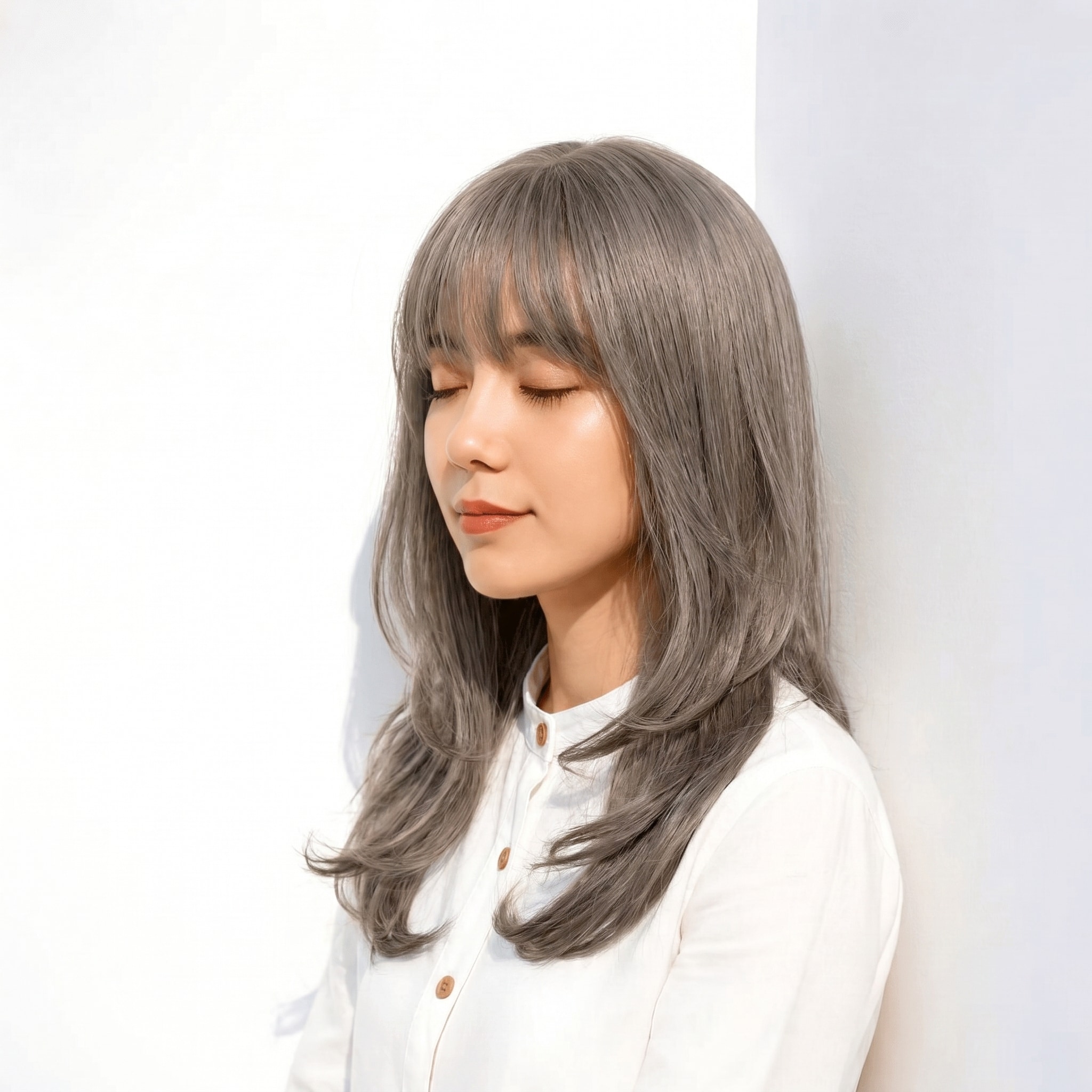 8. ダークグレージュ×ミディアムヘア：青みがかった色で落ち着きと透け感を両立
