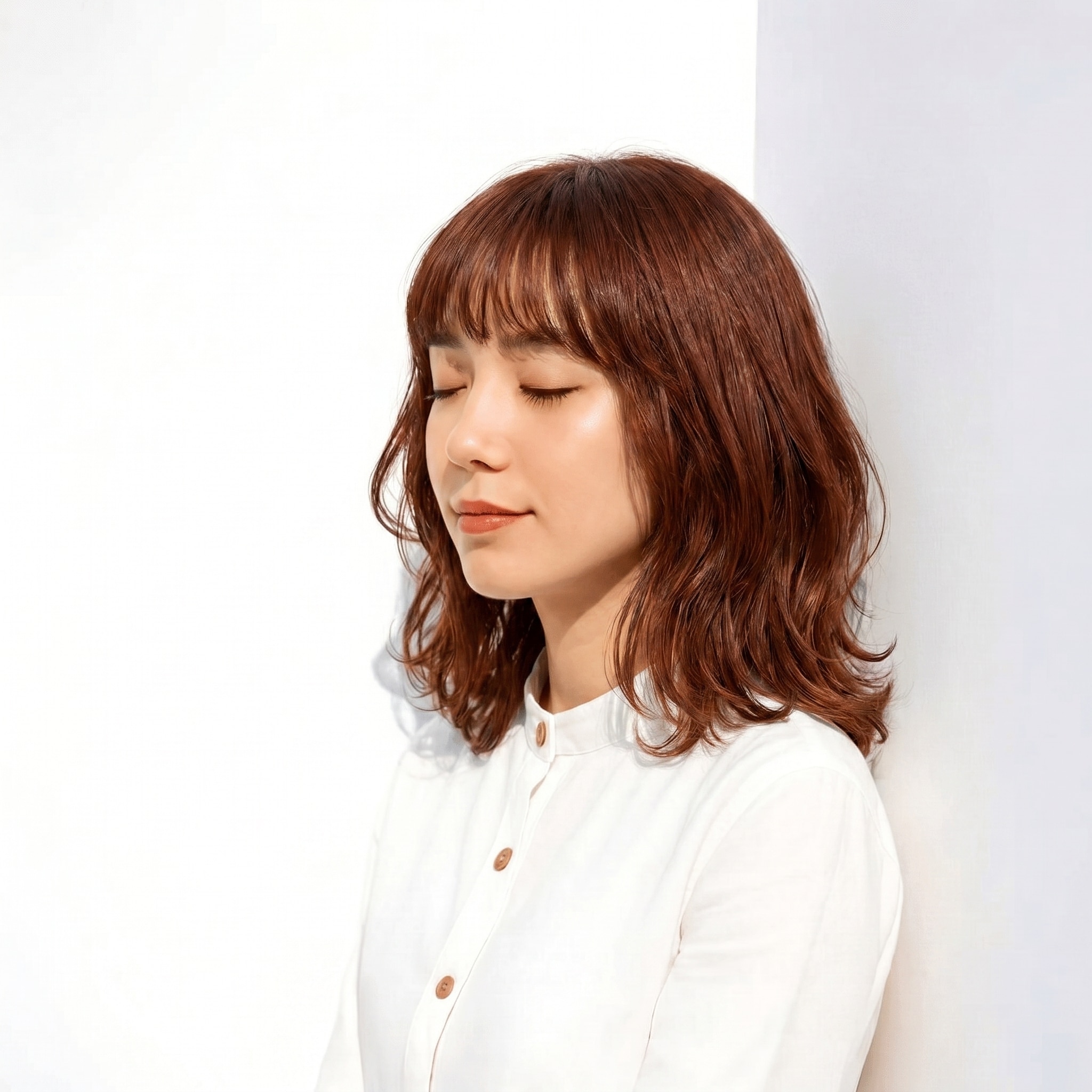 8. チェリーレッド×ミディアムレイヤー: ゆるウェーブで束感とツヤを演出